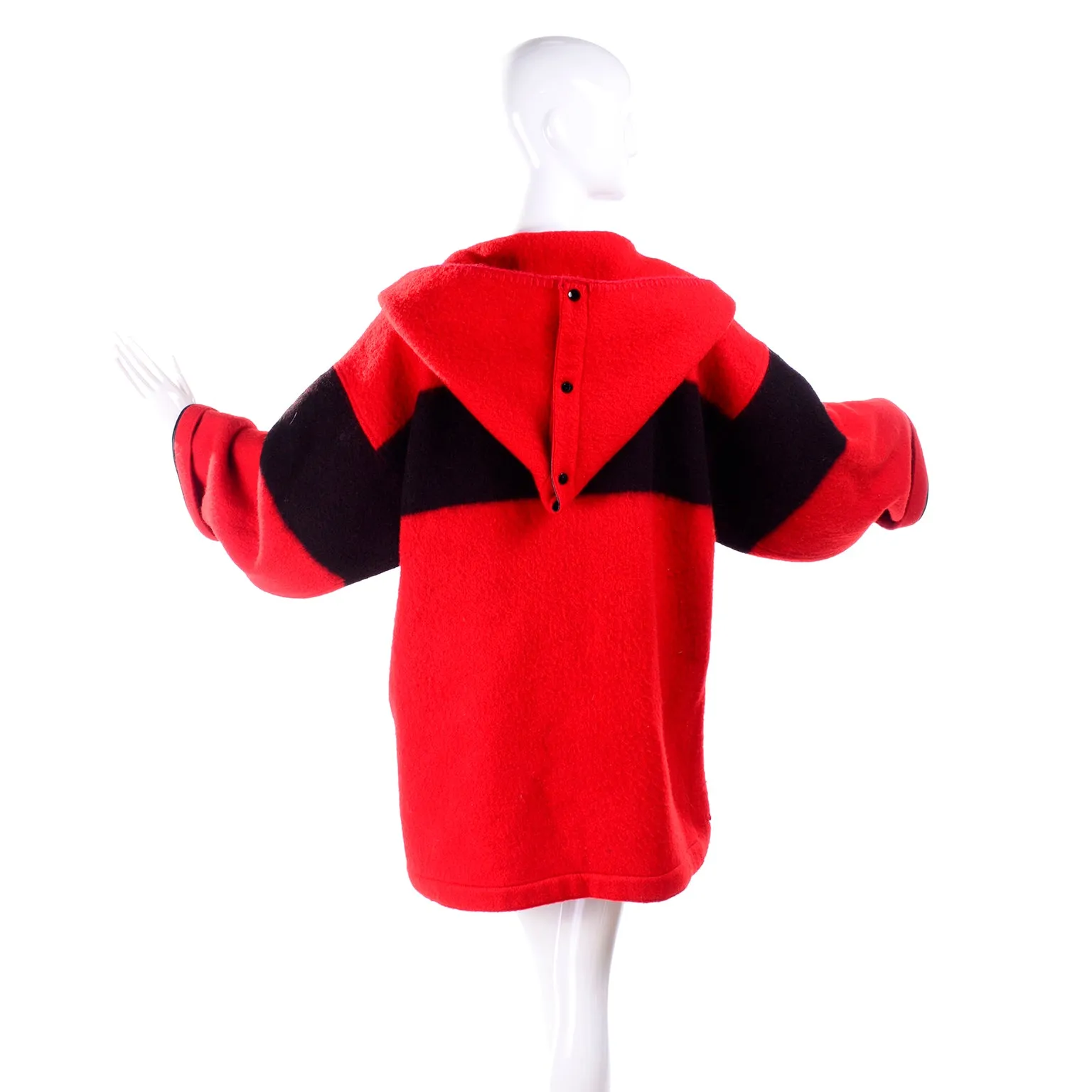 1980's Jean Charles de Castelbajac Red & Black Wool Blanket Coat w/ Leather Trim