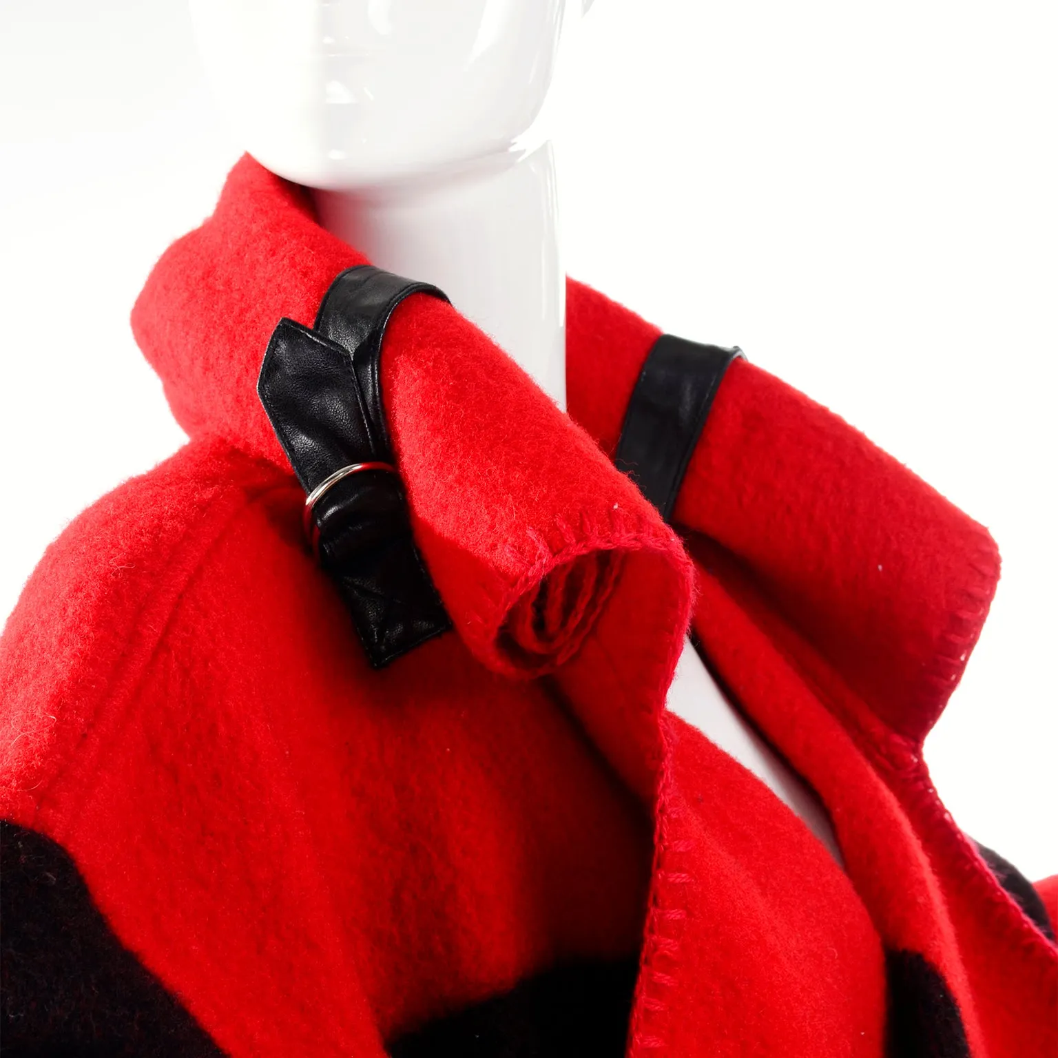 1980's Jean Charles de Castelbajac Red & Black Wool Blanket Coat w/ Leather Trim