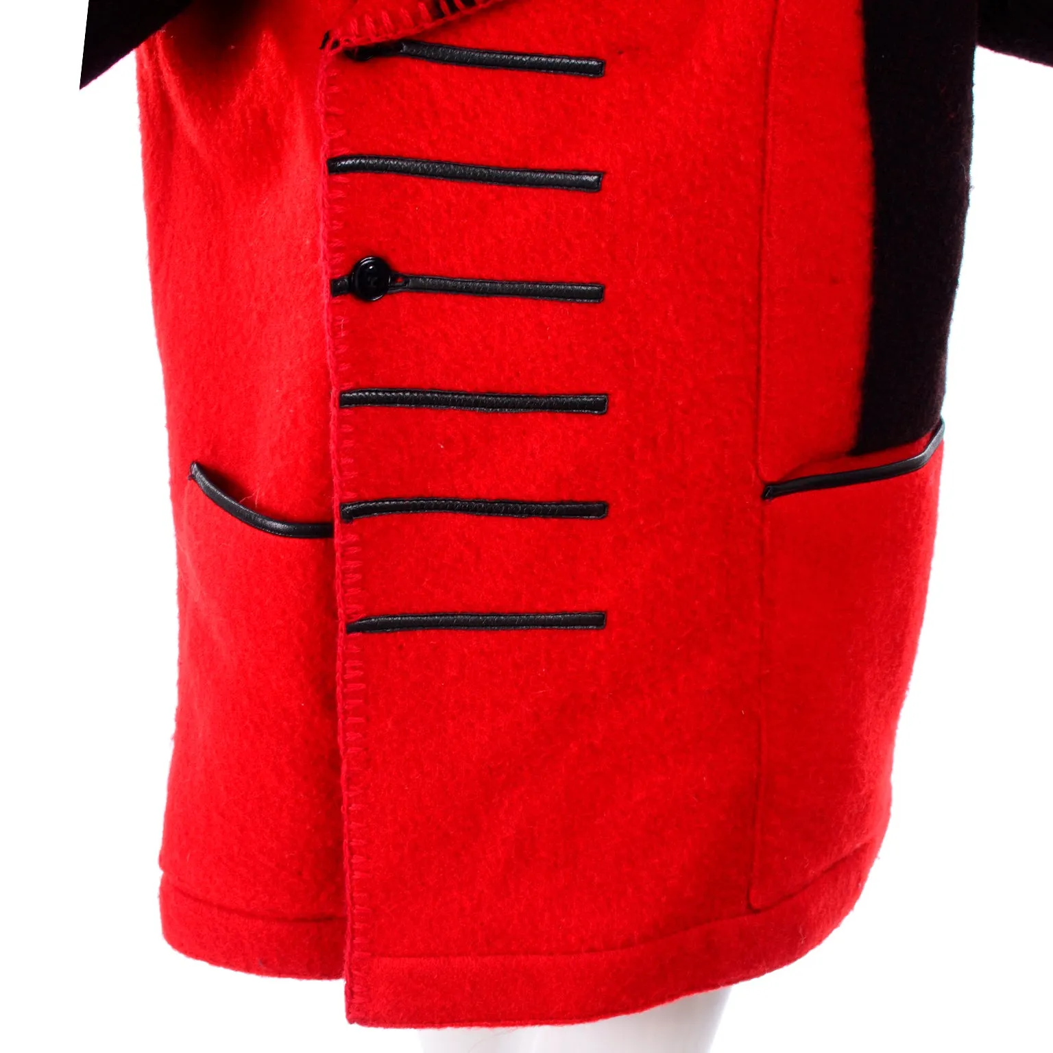 1980's Jean Charles de Castelbajac Red & Black Wool Blanket Coat w/ Leather Trim