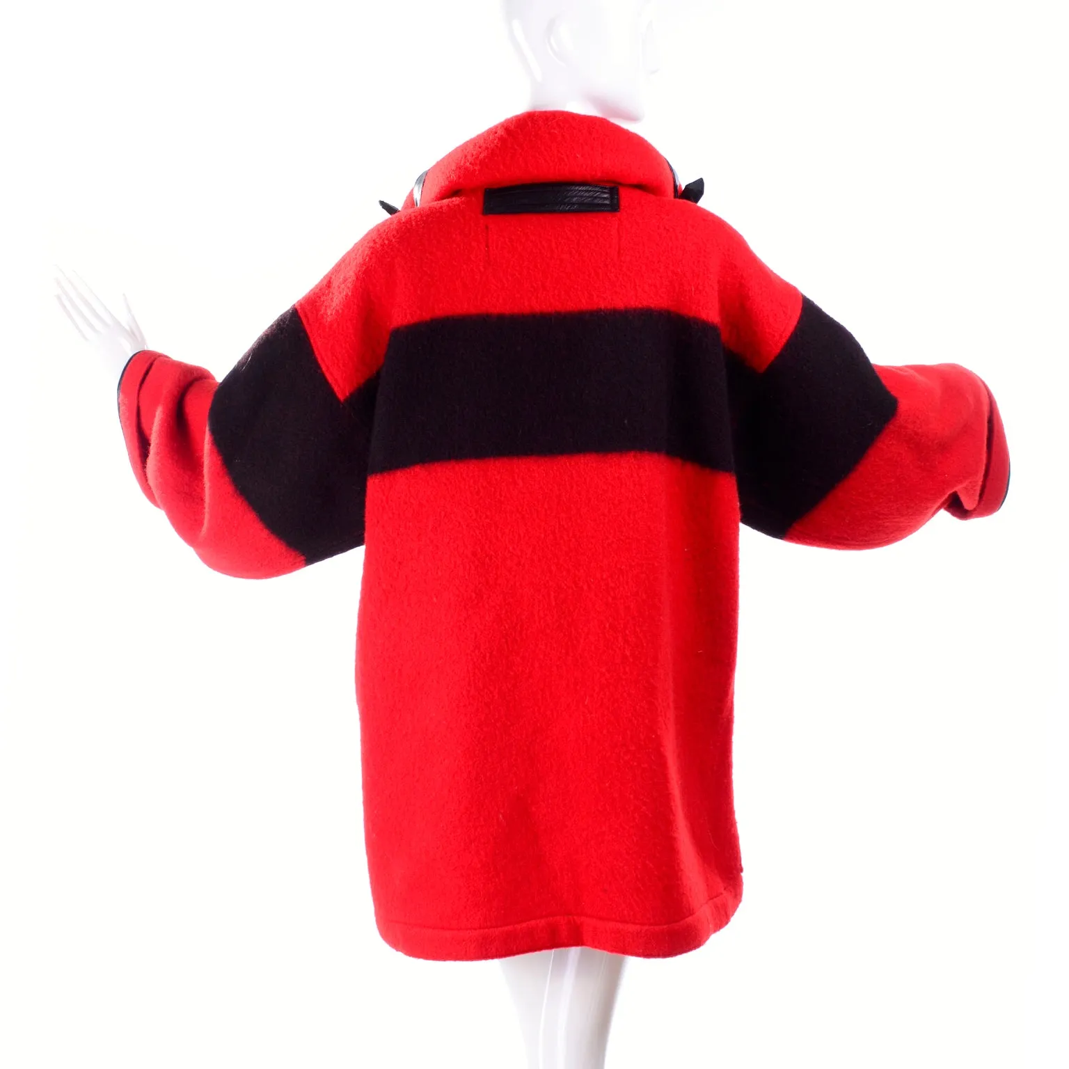 1980's Jean Charles de Castelbajac Red & Black Wool Blanket Coat w/ Leather Trim