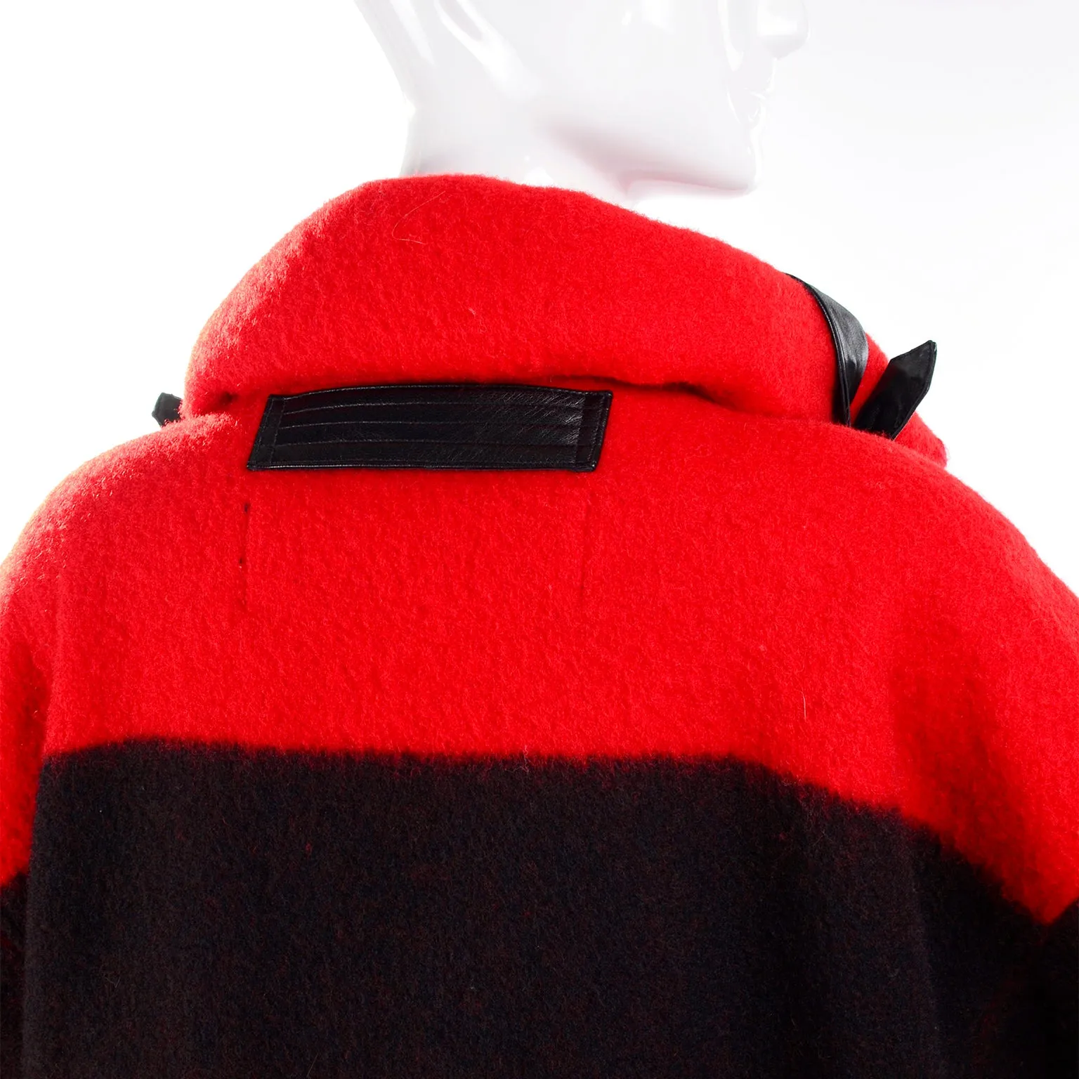 1980's Jean Charles de Castelbajac Red & Black Wool Blanket Coat w/ Leather Trim