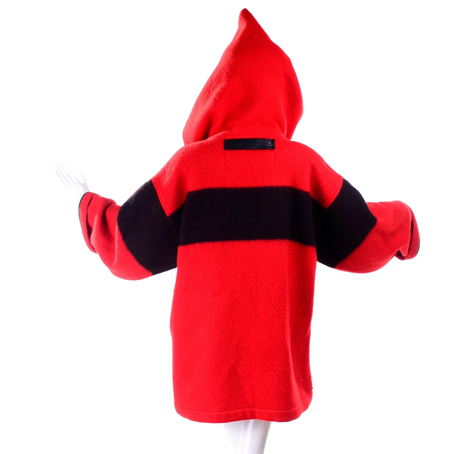 1980's Jean Charles de Castelbajac Red & Black Wool Blanket Coat w/ Leather Trim