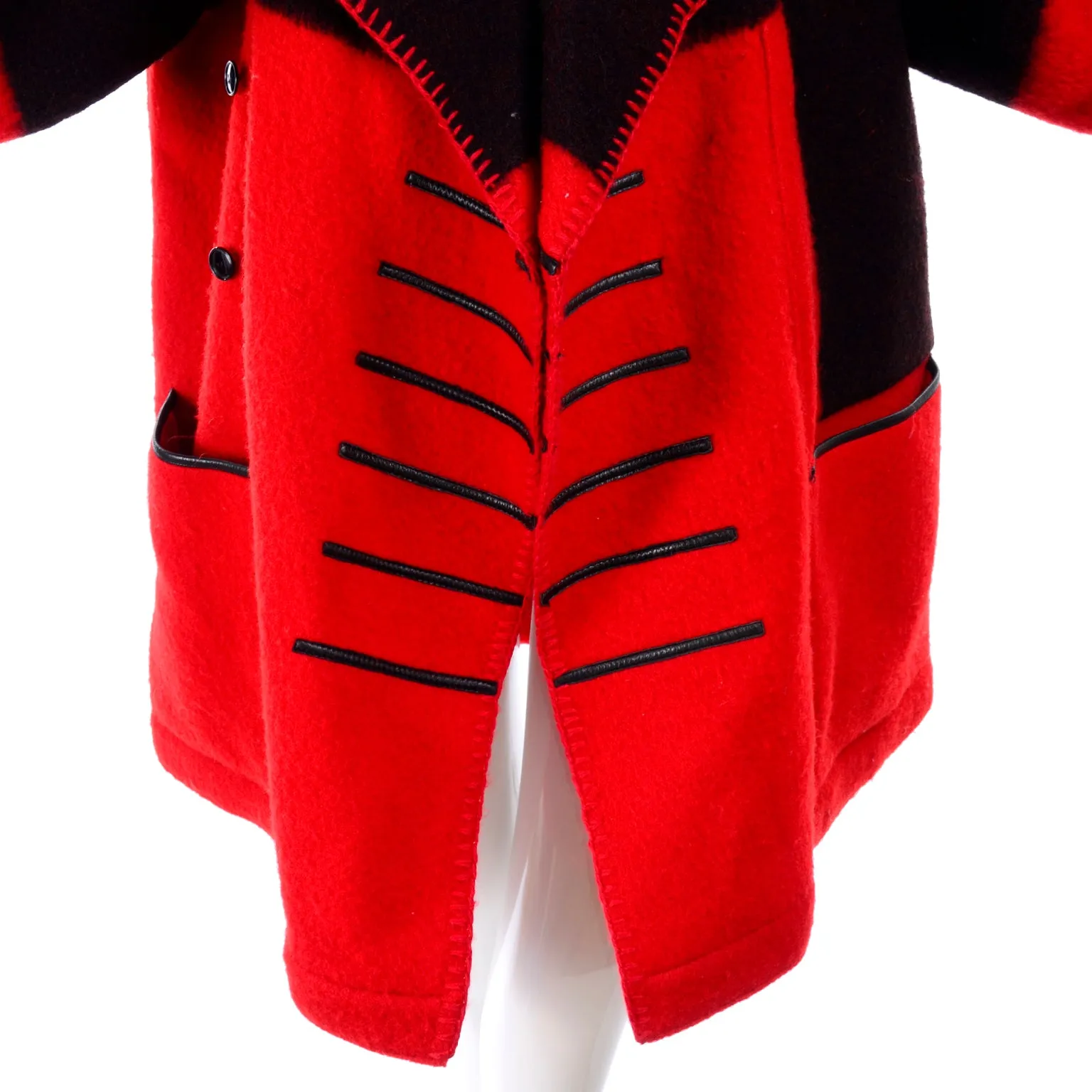 1980's Jean Charles de Castelbajac Red & Black Wool Blanket Coat w/ Leather Trim