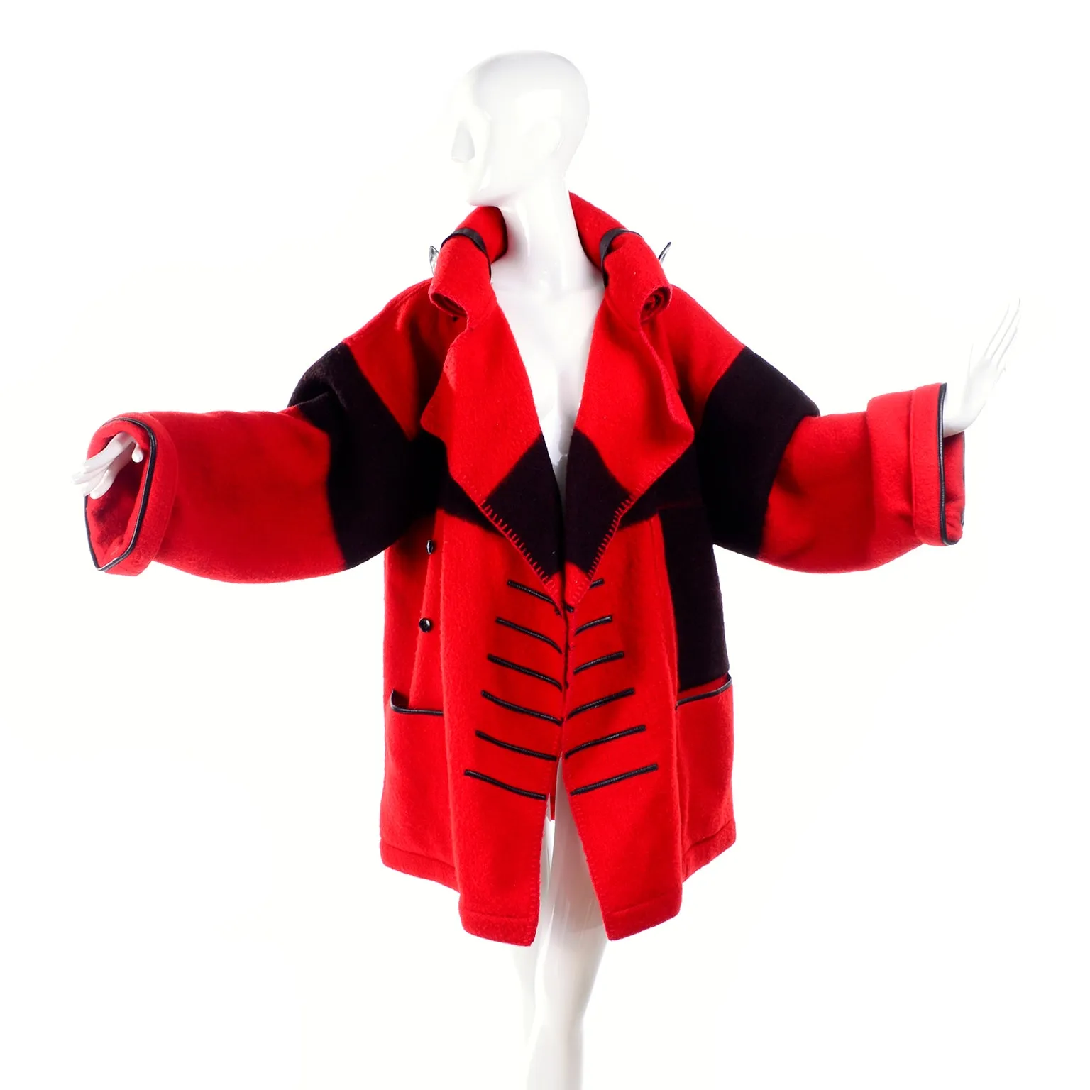 1980's Jean Charles de Castelbajac Red & Black Wool Blanket Coat w/ Leather Trim