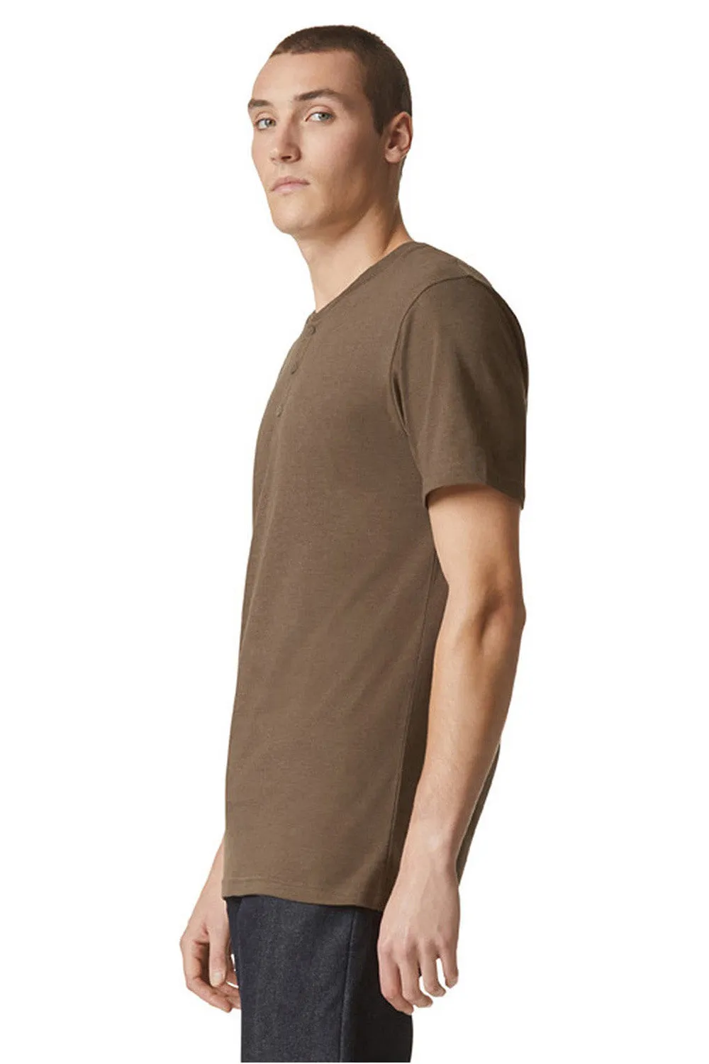 American Apparel Mens CVC Short Sleeve Henley T-Shirt - Heather Army Brown