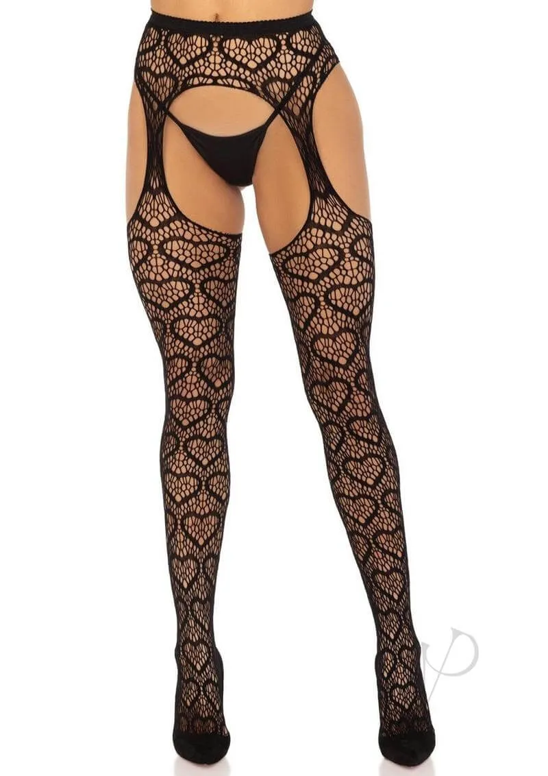 Amore Heart Net Suspender Pantyhose - Black