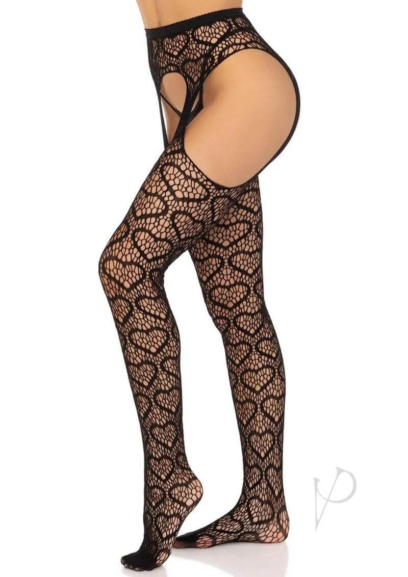 Amore Heart Net Suspender Pantyhose - Black