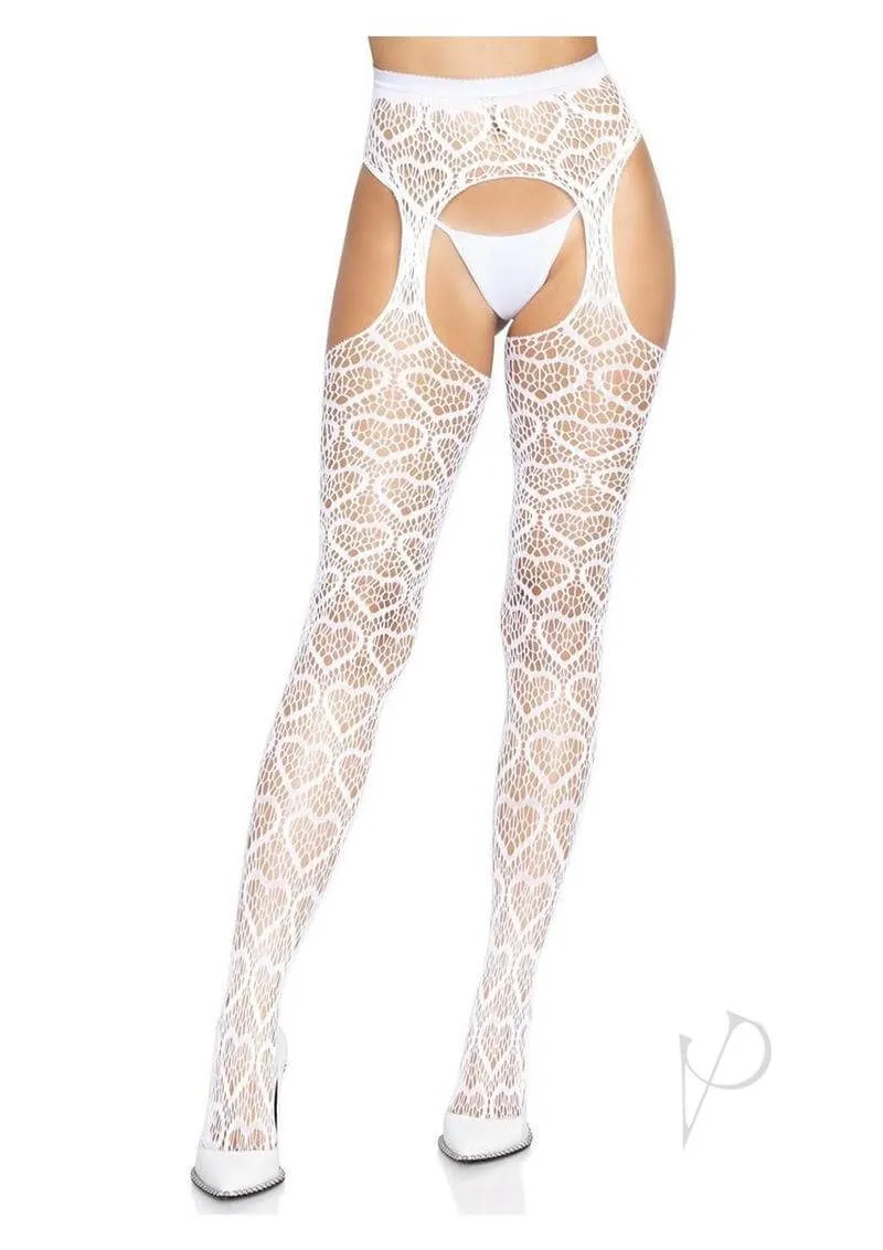 Amore Heart Net Suspender Pantyhose - White