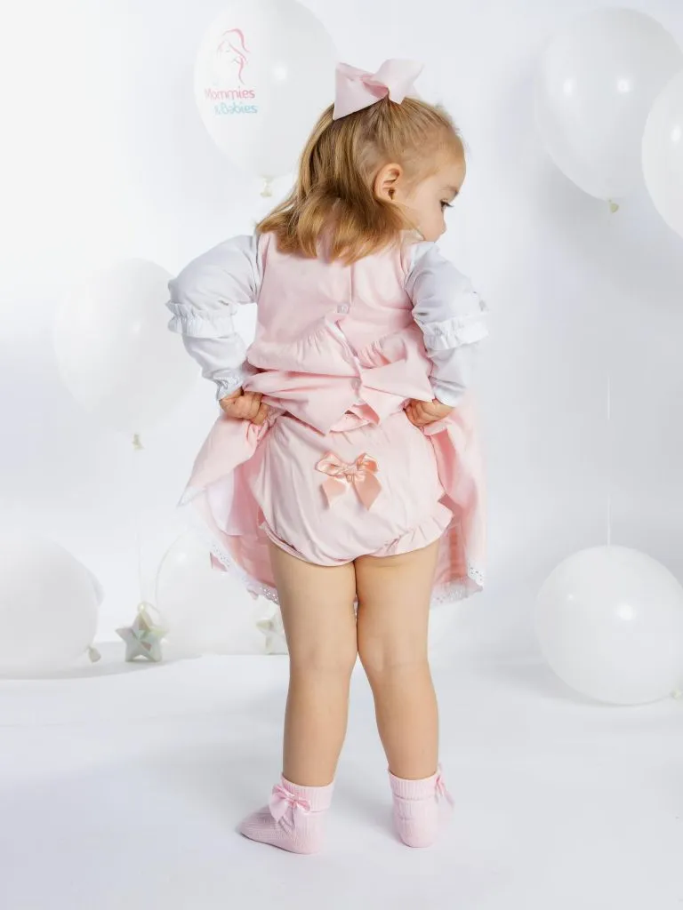 Baby Girl Lucia Collection Dress with Bows and Frilly long sleeve- Baby Pink