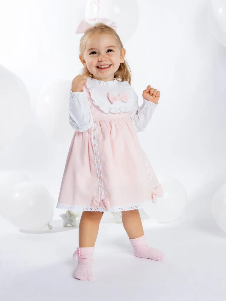 Baby Girl Lucia Collection Dress with Bows and Frilly long sleeve- Baby Pink