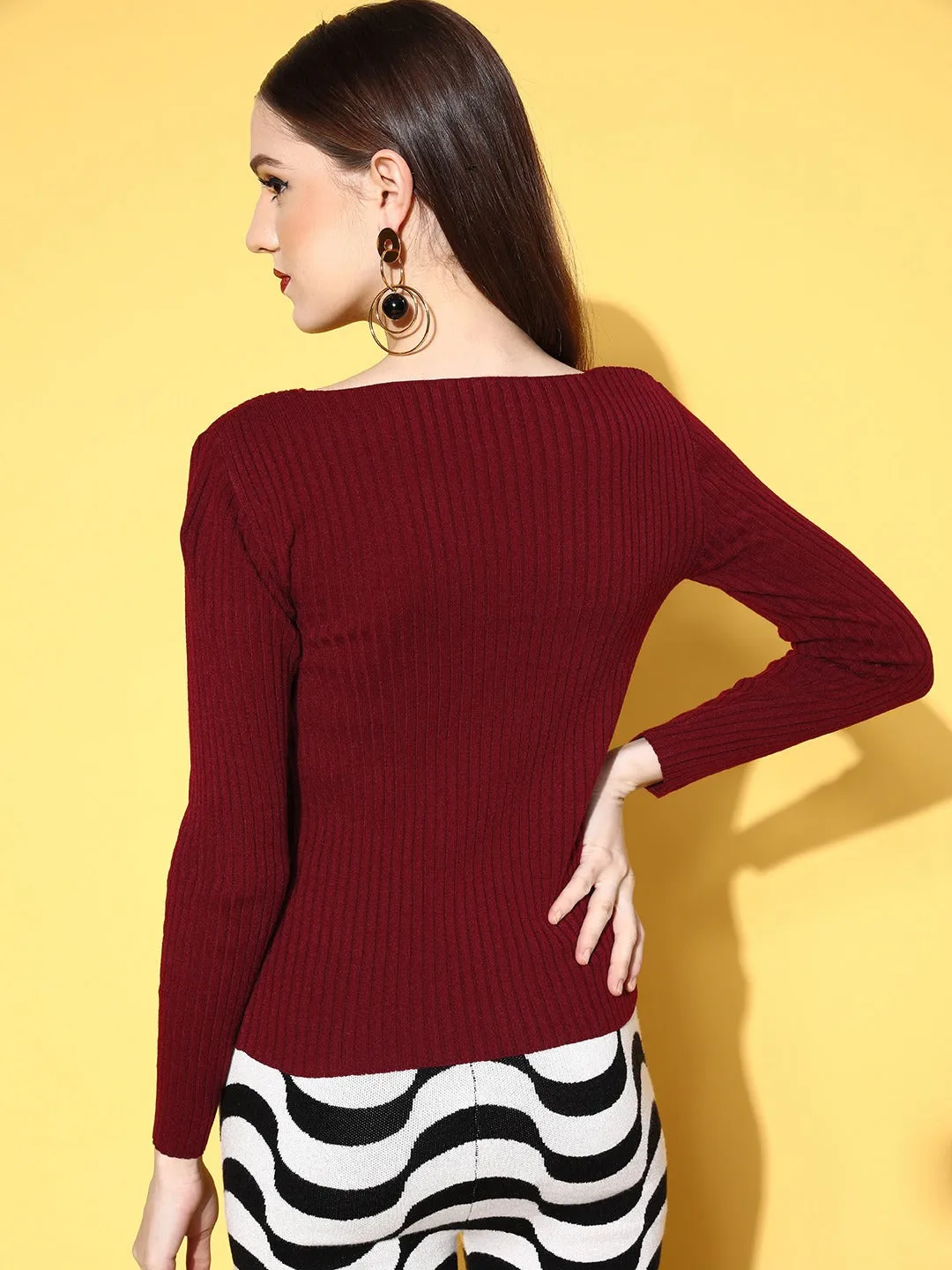 Berrylush Women Solid Maroon V-Neck Strip Knitted Acrylic Straight Hem Pullover Sweater