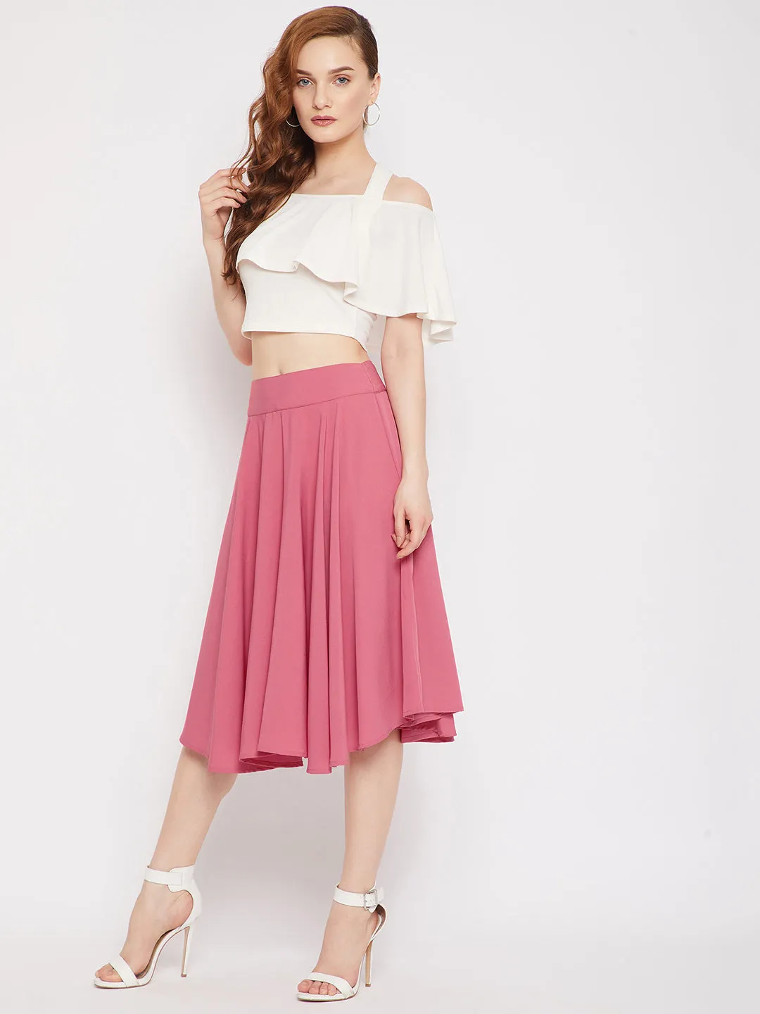 Berrylush Women Solid Pink Mid-Rise Elastic Waist Crepe Zipper-Up Flared A-Line Midi Skirt