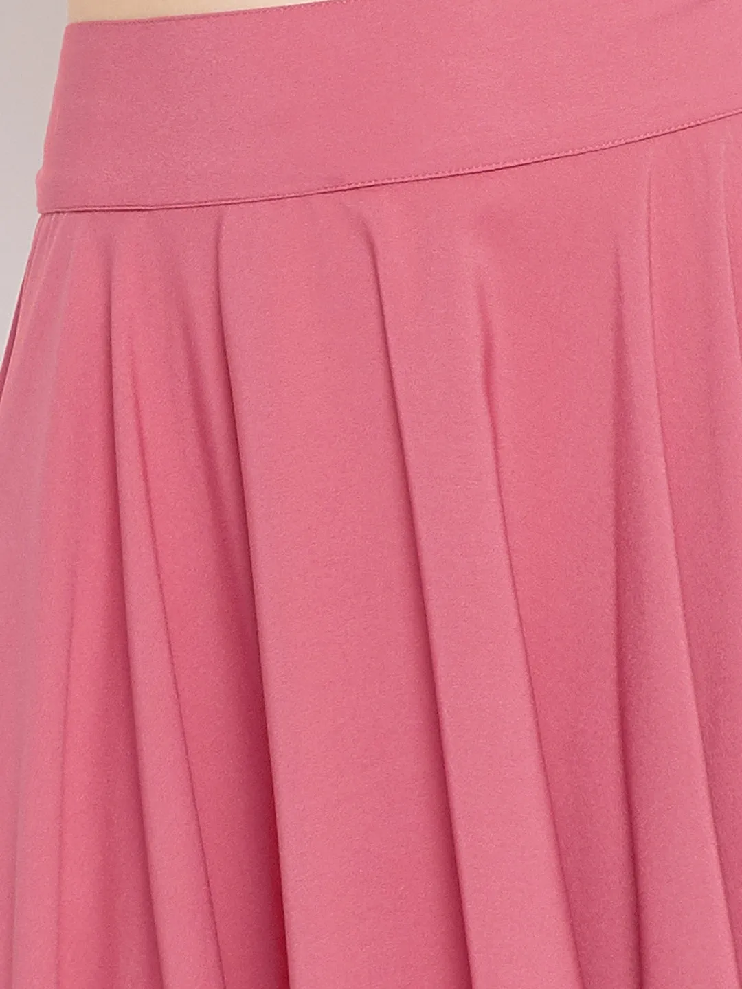 Berrylush Women Solid Pink Mid-Rise Elastic Waist Crepe Zipper-Up Flared A-Line Midi Skirt