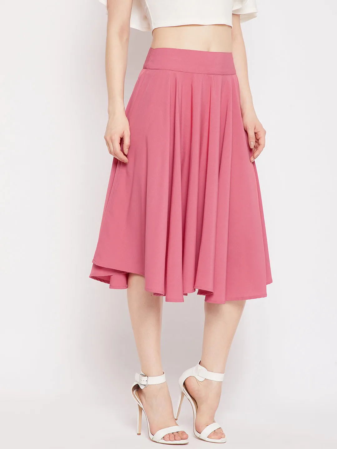 Berrylush Women Solid Pink Mid-Rise Elastic Waist Crepe Zipper-Up Flared A-Line Midi Skirt