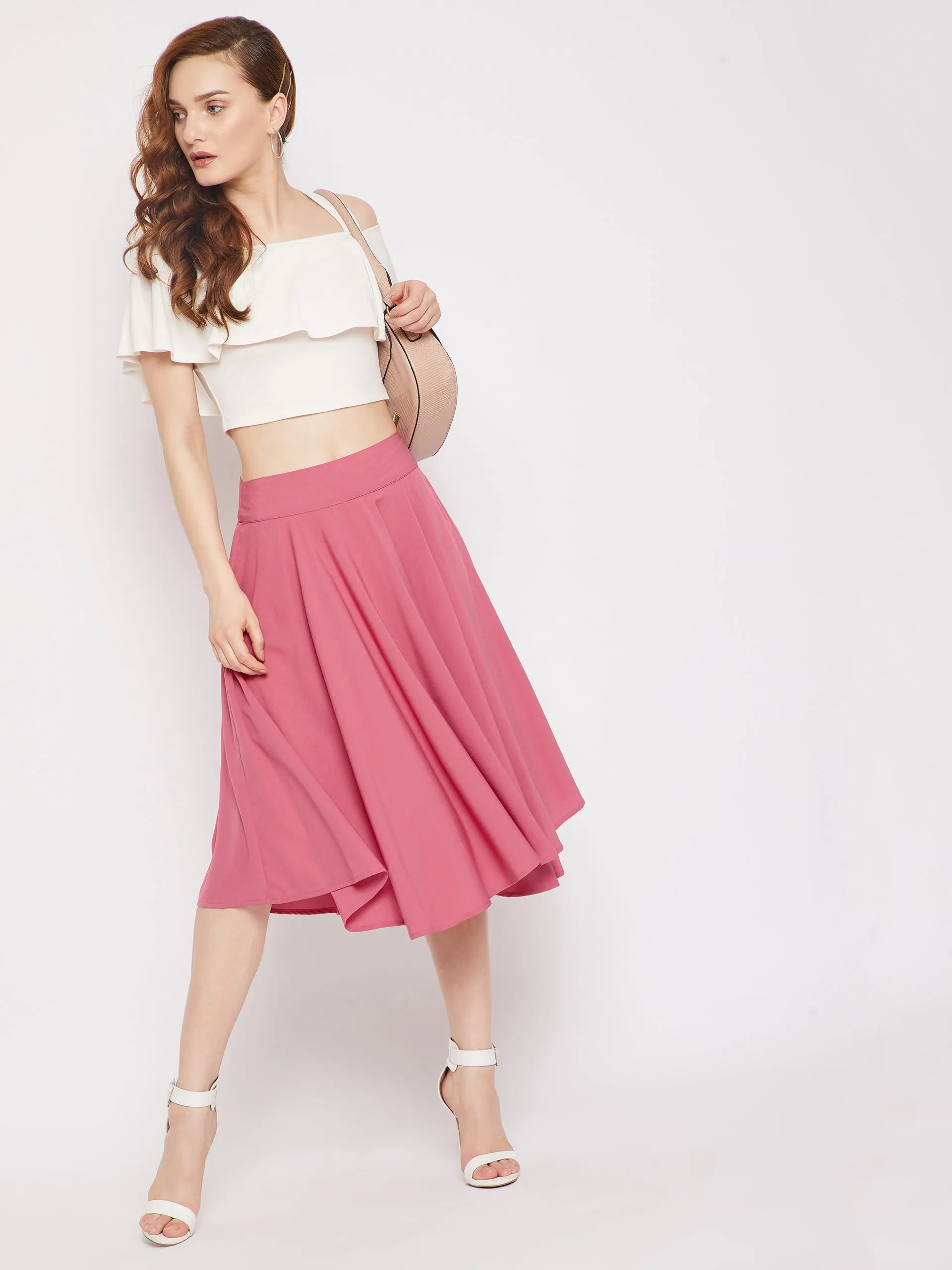 Berrylush Women Solid Pink Mid-Rise Elastic Waist Crepe Zipper-Up Flared A-Line Midi Skirt