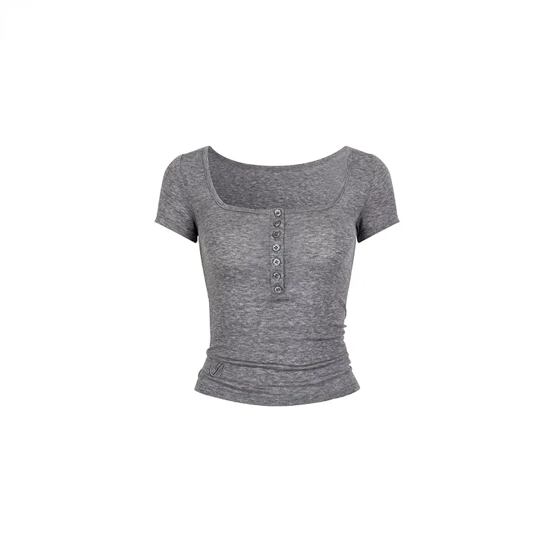 Black & Grey Henley Collar Embroidered T-Shirt