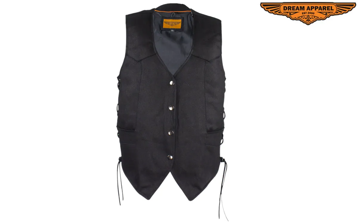 Black Denim Vest with Leather Side Laces