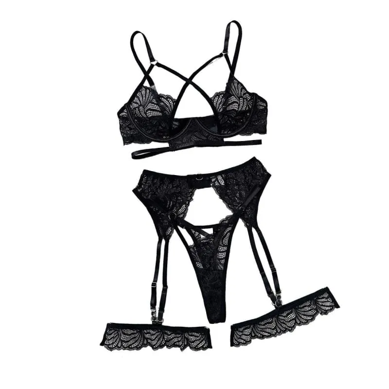 Black Lace Four Piece Erotic Lingerie Set with Steel Ring Push Up Bra