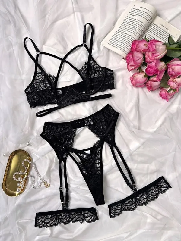 Black Lace Four Piece Erotic Lingerie Set with Steel Ring Push Up Bra