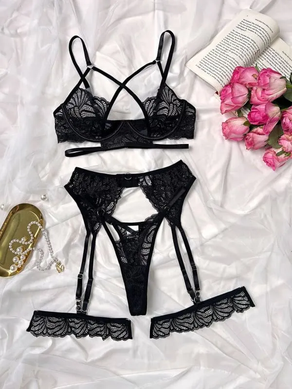 Black Lace Four Piece Erotic Lingerie Set with Steel Ring Push Up Bra