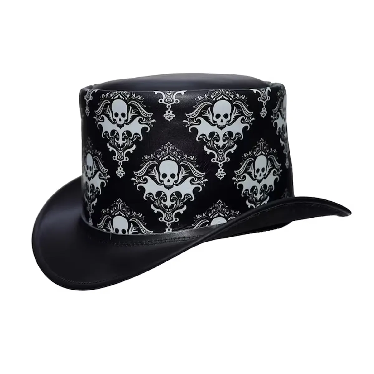 Black Leather Biker Style Top Hat in Victorian Skull Design