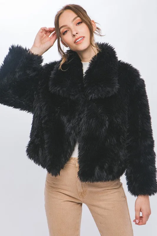 Black Mid Waist Faux Fur Coat