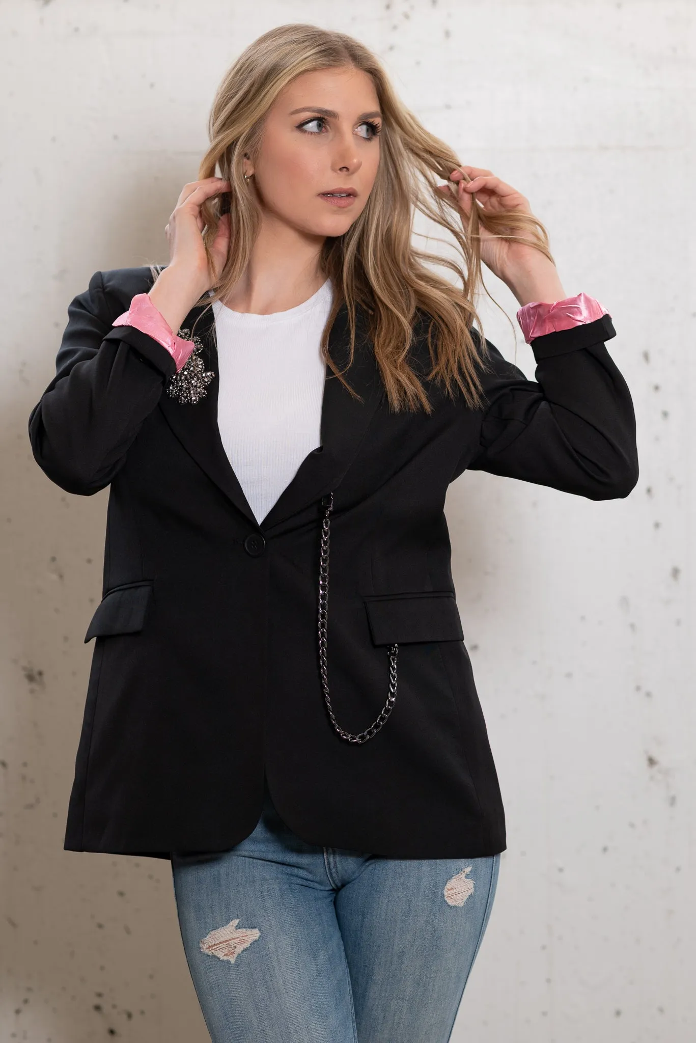 Blazer, Black w/ Pink Lining, Medallion & Chain