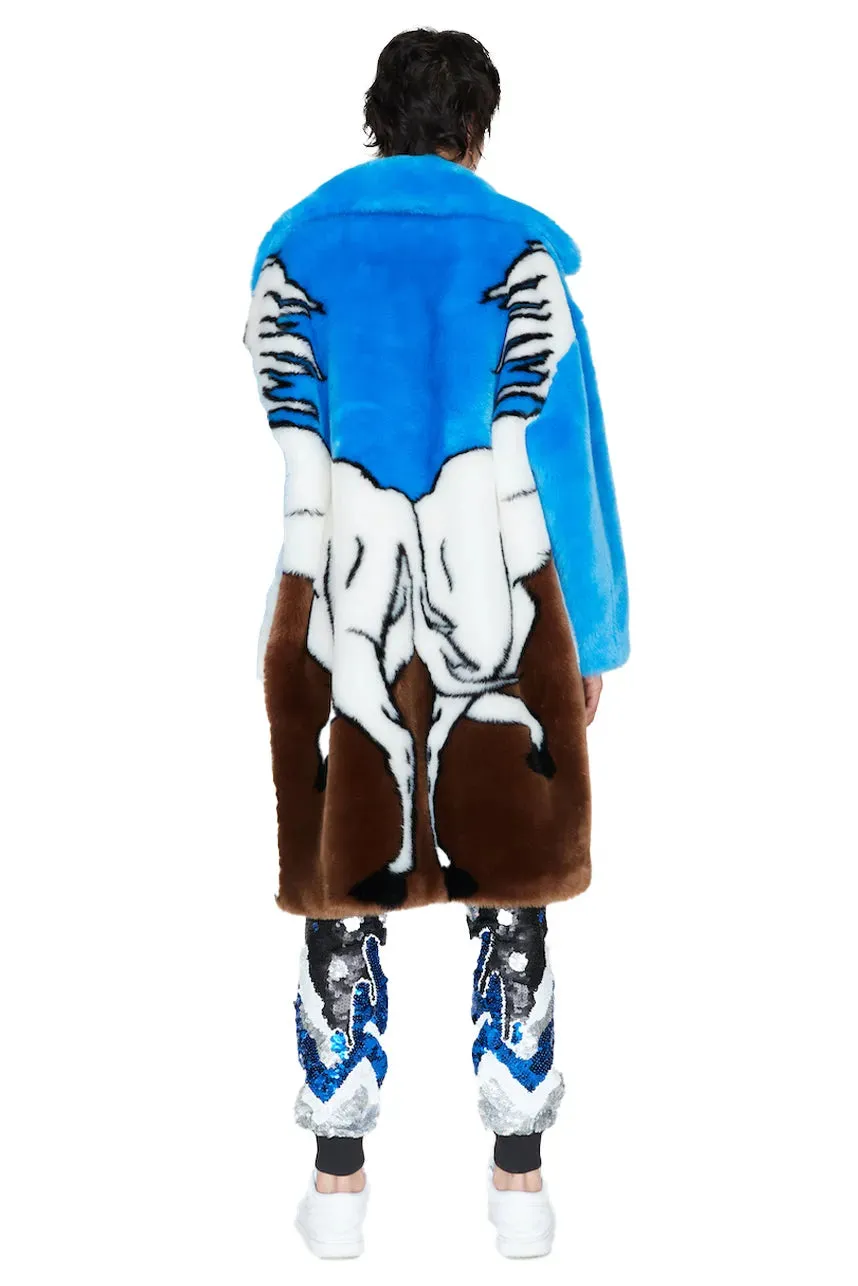 Blue Horses Faux Fur Midi Coat