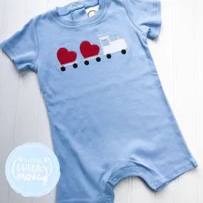 Boy Romper - Train with Hearts Light Blue Romper