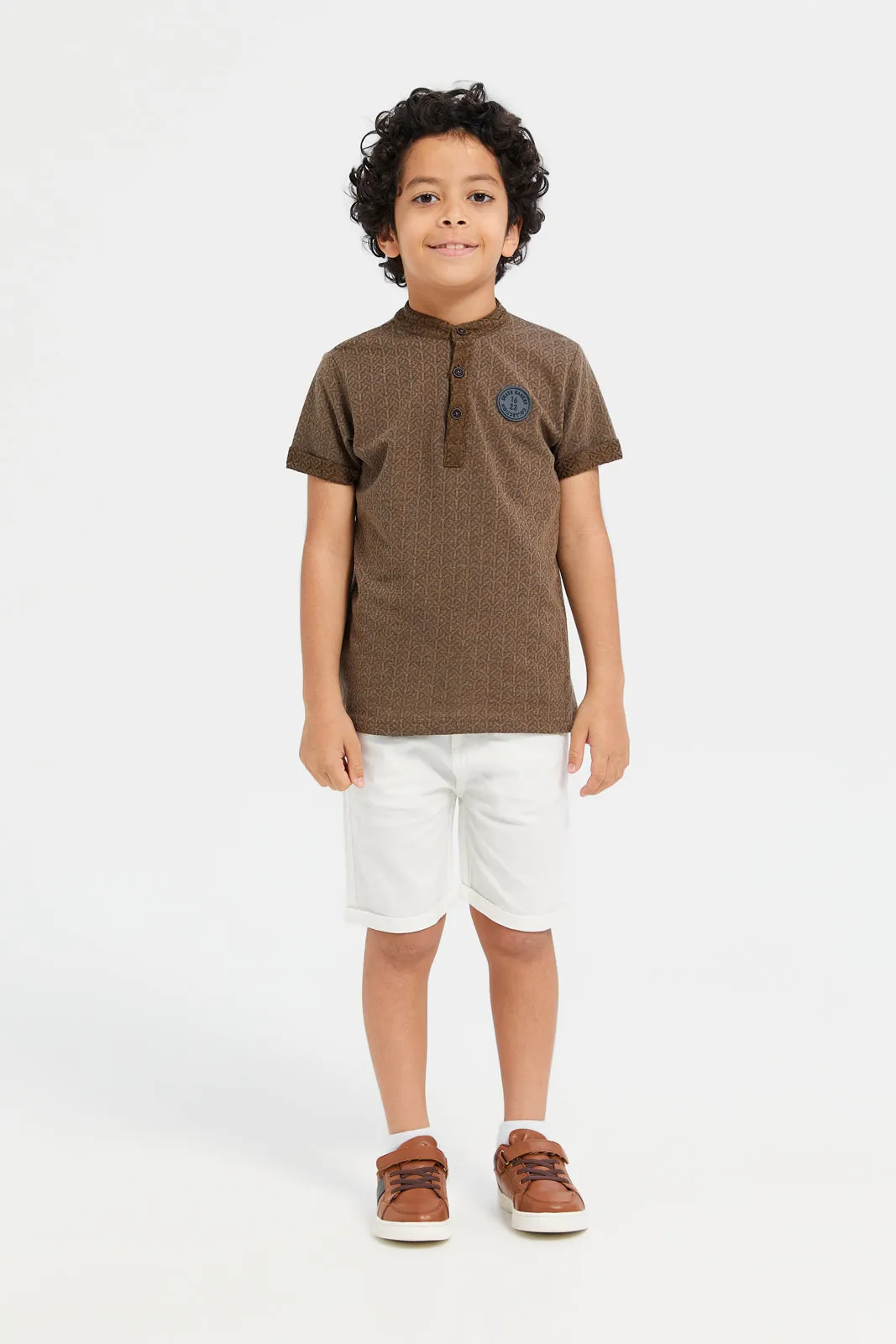 Boys Brown Henley Jacquard Short Sleeve T-Shirt