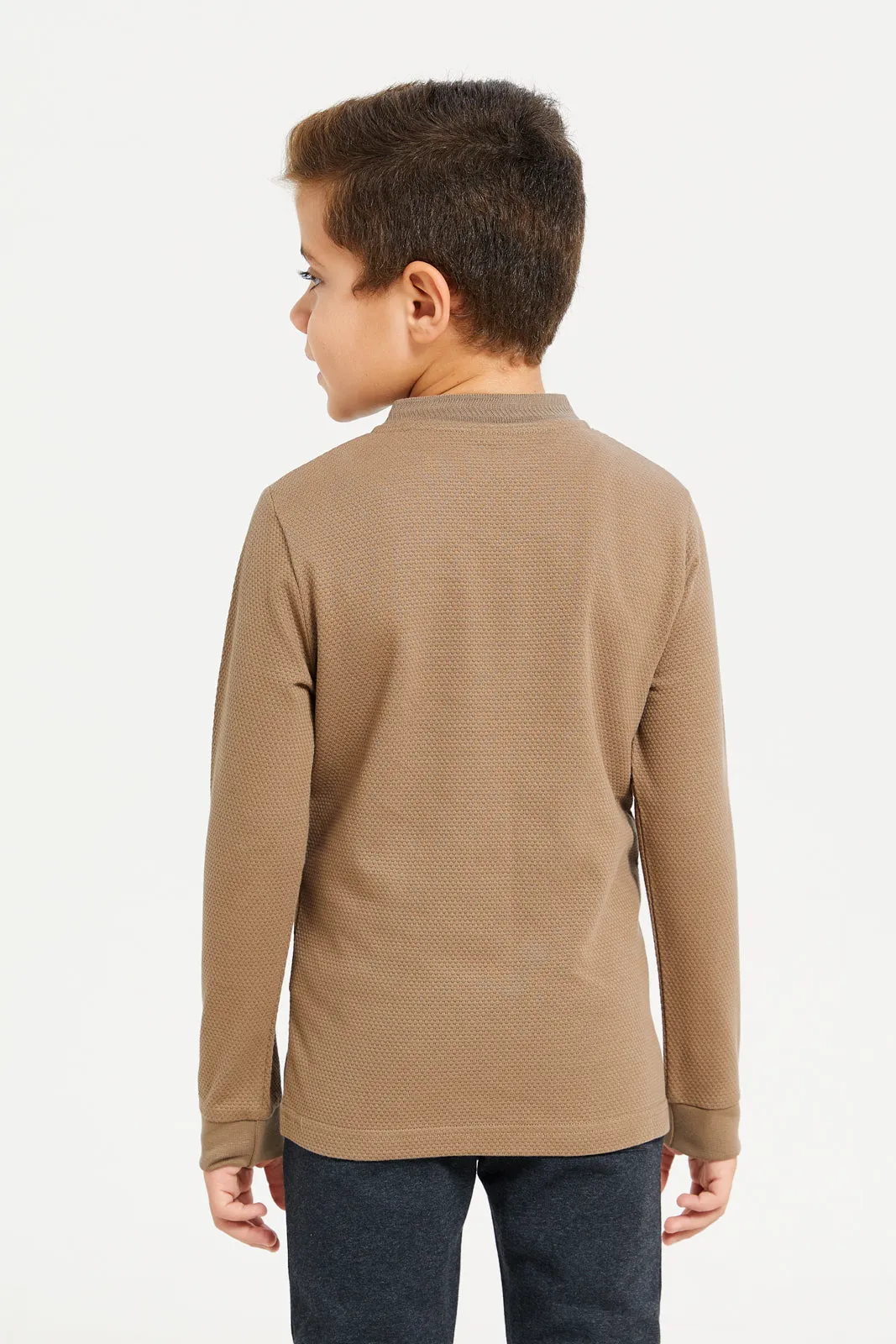 Boys Brown Popcorn Knit Long Sleeve Henley T-Shirt