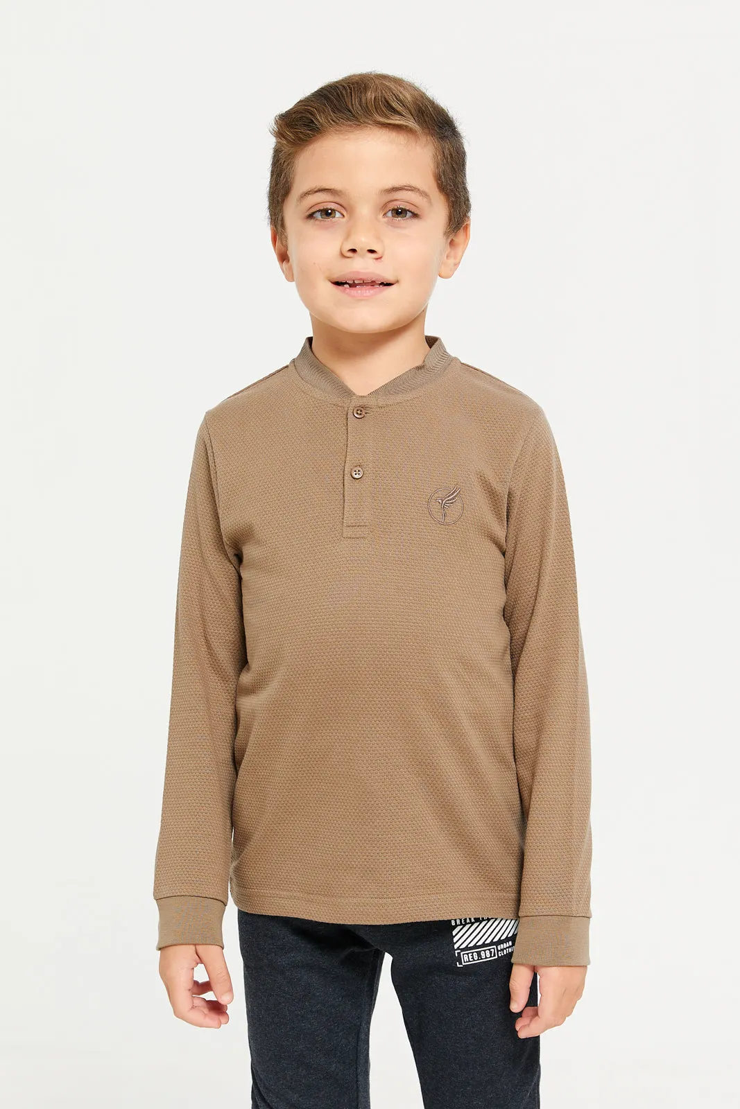 Boys Brown Popcorn Knit Long Sleeve Henley T-Shirt