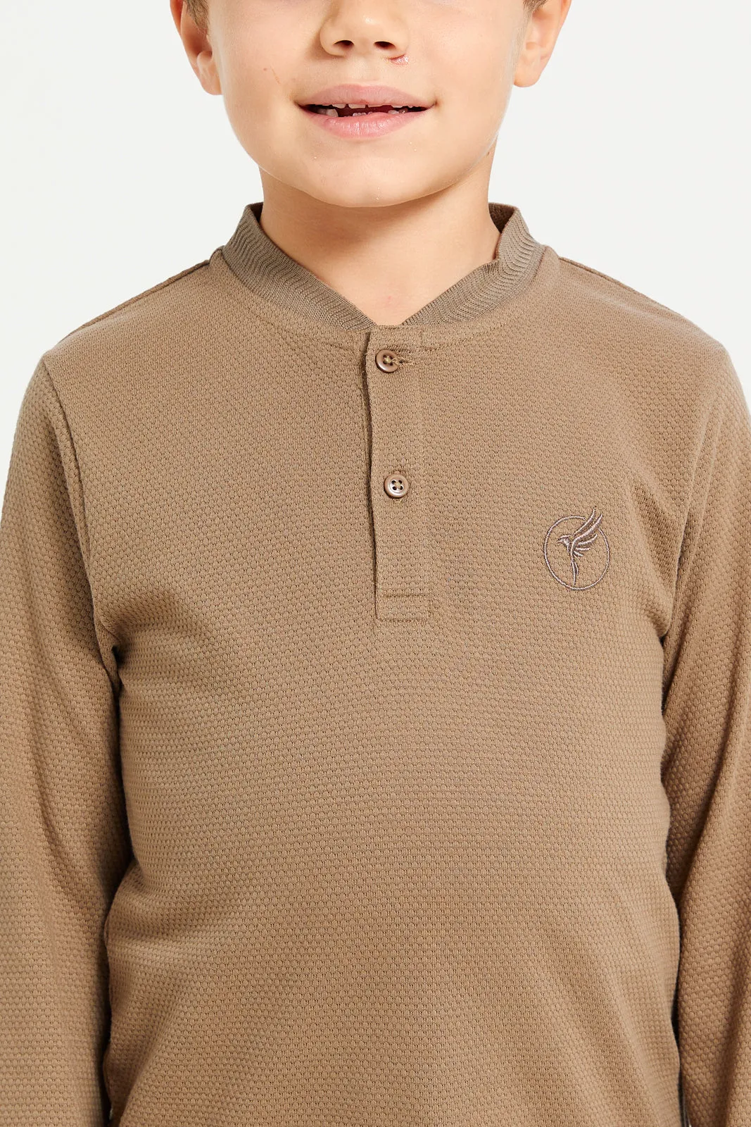 Boys Brown Popcorn Knit Long Sleeve Henley T-Shirt