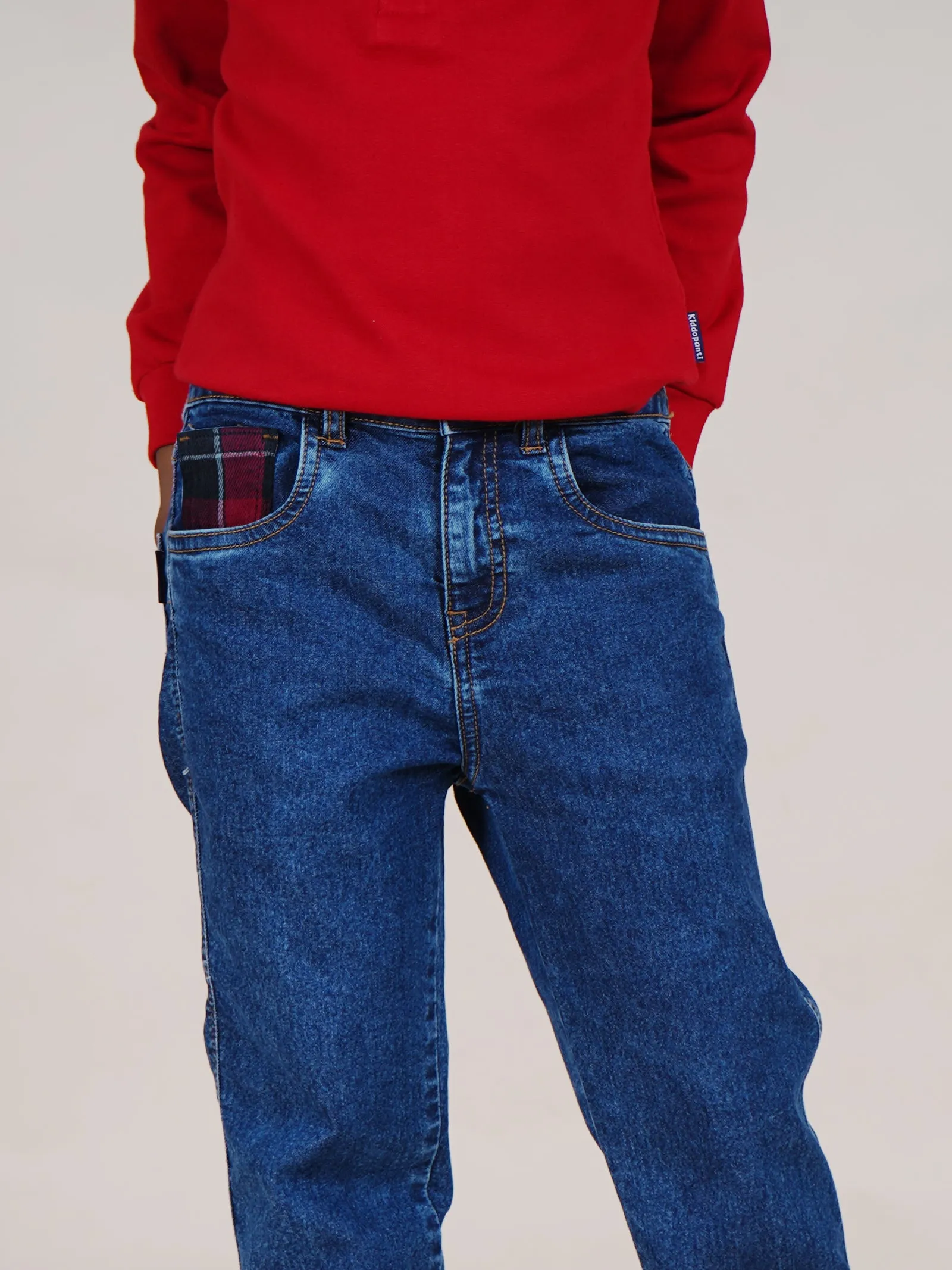 Boys Cotton Solid Full Sleeves Henley Neck Tee & Denim Jeans With Contrast Red Checks Bottom Hem Roll Up