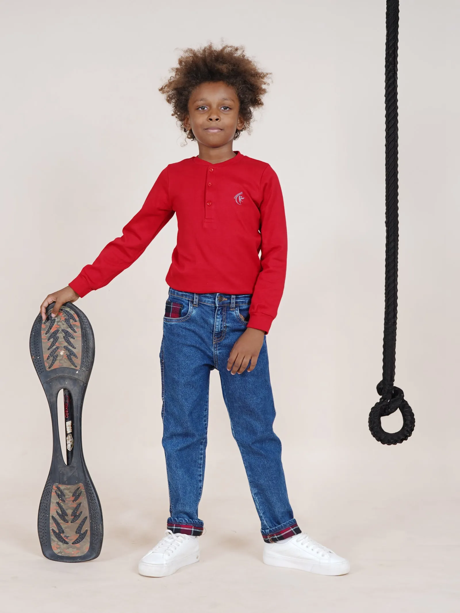 Boys Cotton Solid Full Sleeves Henley Neck Tee & Denim Jeans With Contrast Red Checks Bottom Hem Roll Up