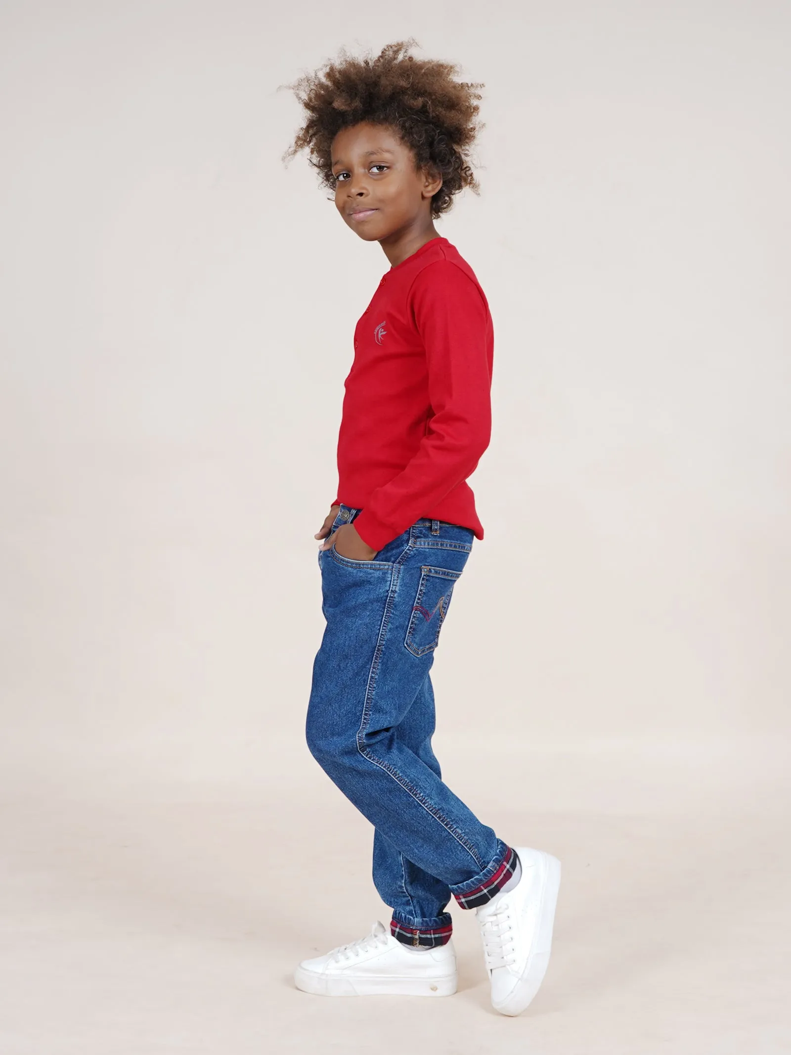 Boys Cotton Solid Full Sleeves Henley Neck Tee & Denim Jeans With Contrast Red Checks Bottom Hem Roll Up