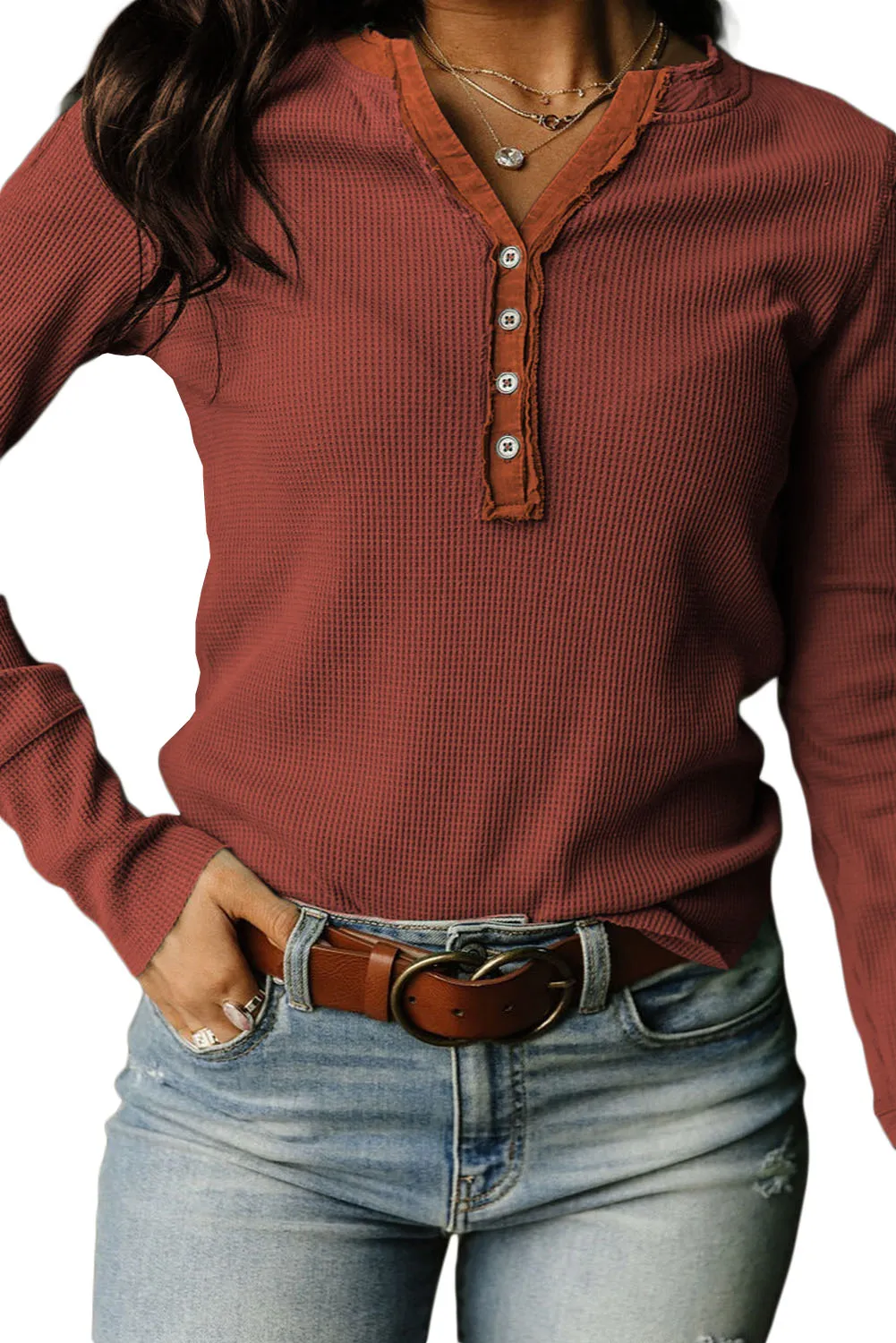 Brown Solid Color Waffle Knit Long Sleeve Henley Shirt