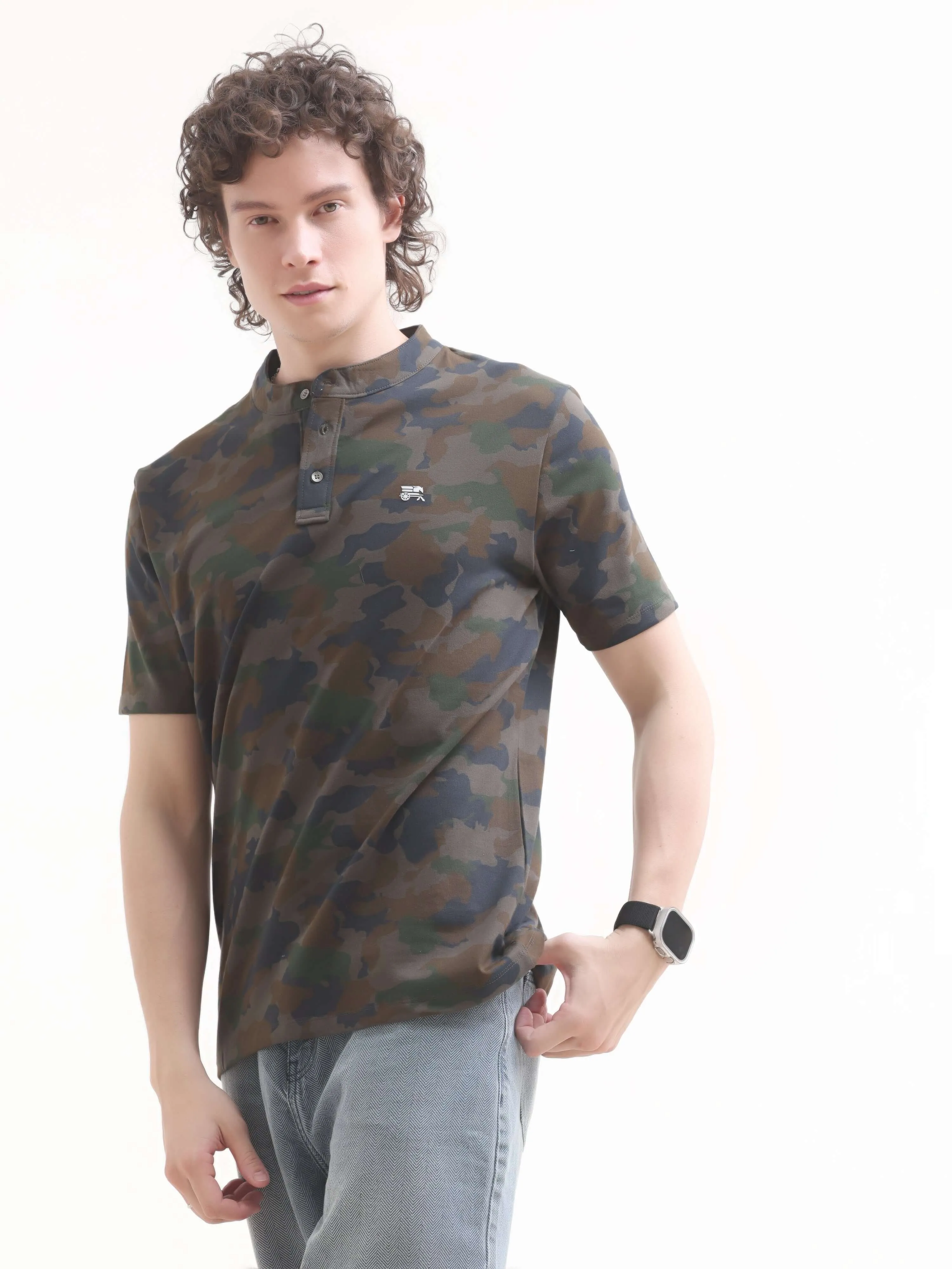 Camo Navy Blue Henley T-shirt