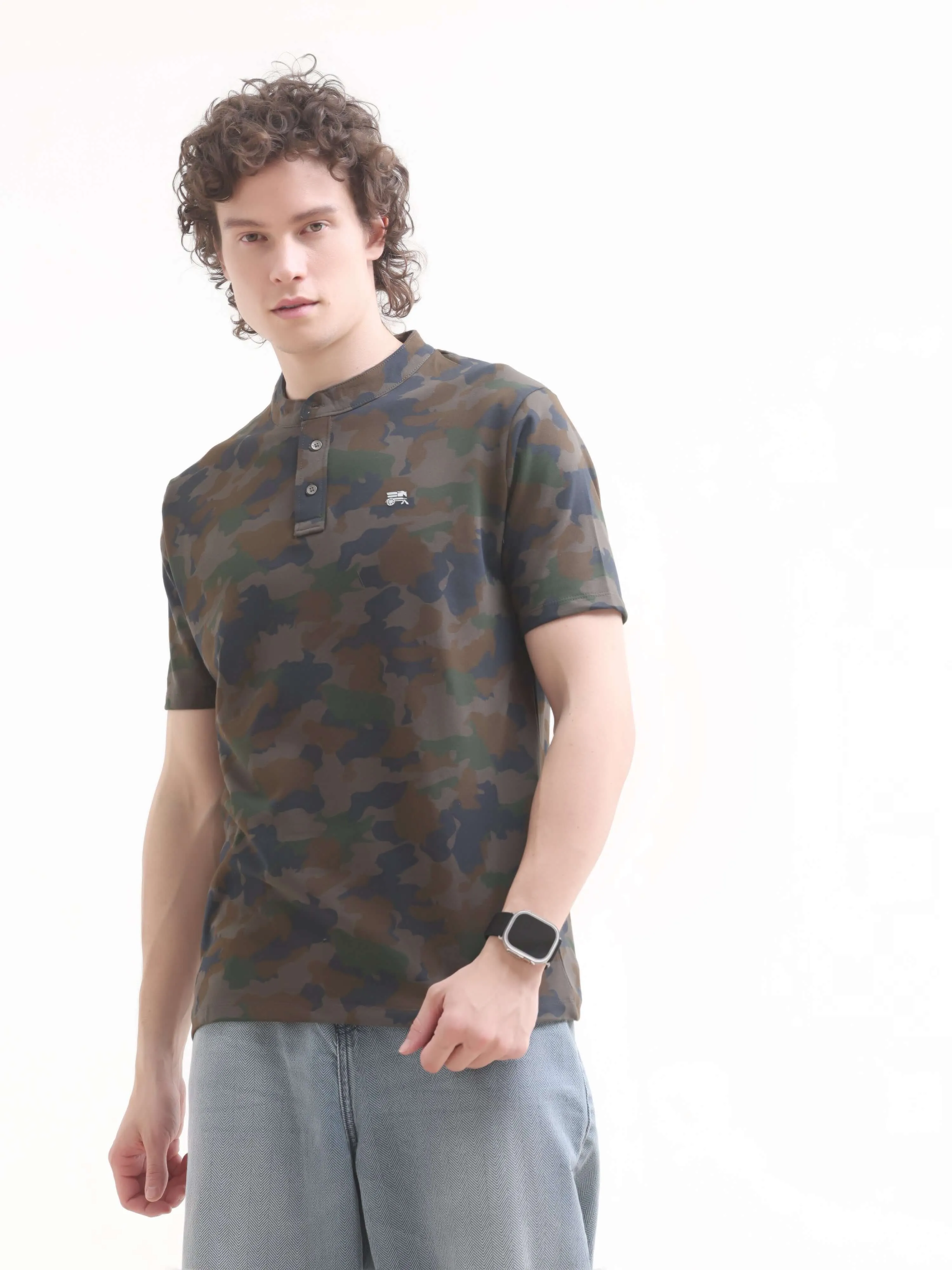 Camo Navy Blue Henley T-shirt