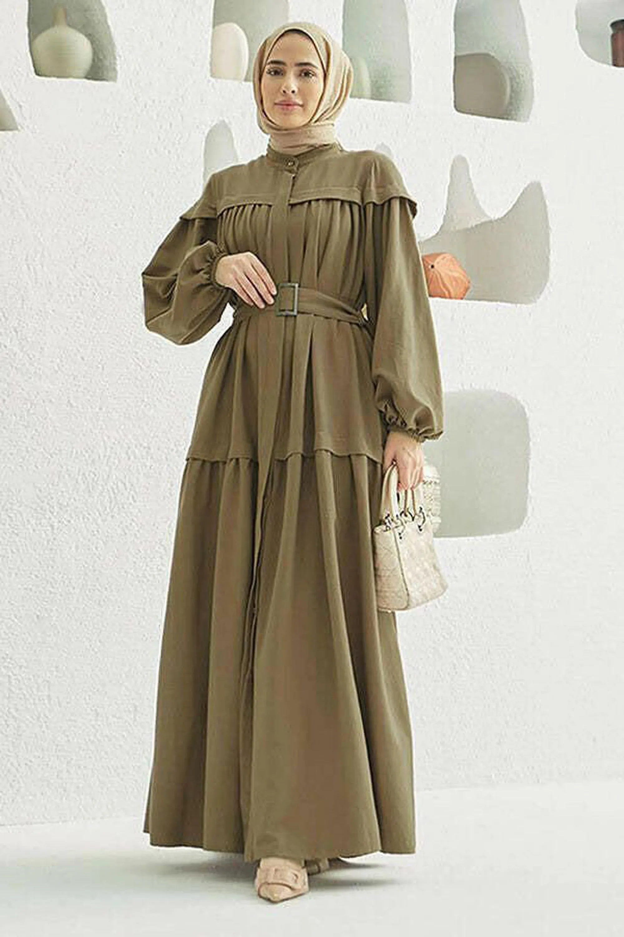 Carla Pleated Belted Modest Maxi Dress