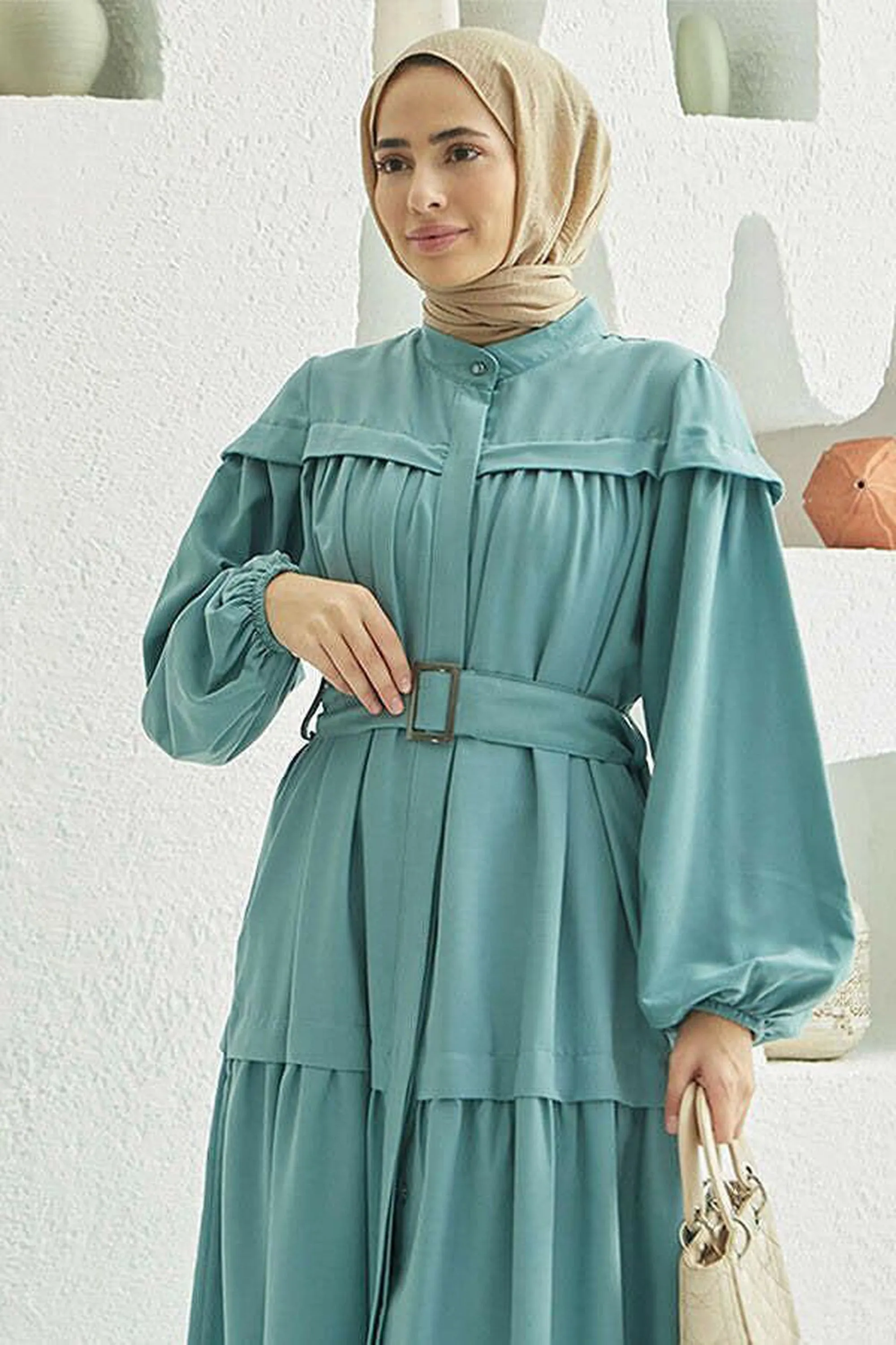 Carla Pleated Belted Modest Maxi Dress