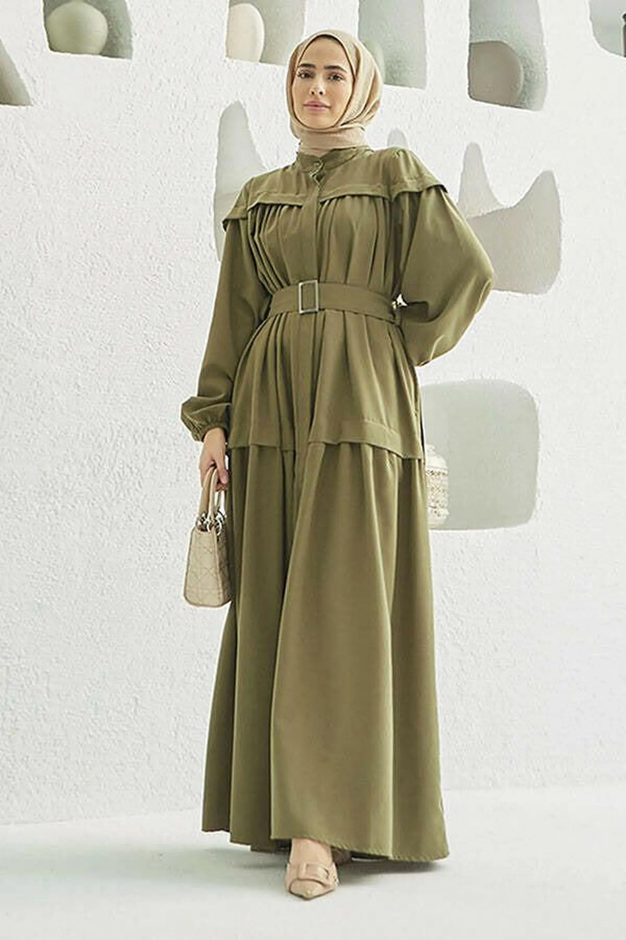 Carla Pleated Belted Modest Maxi Dress