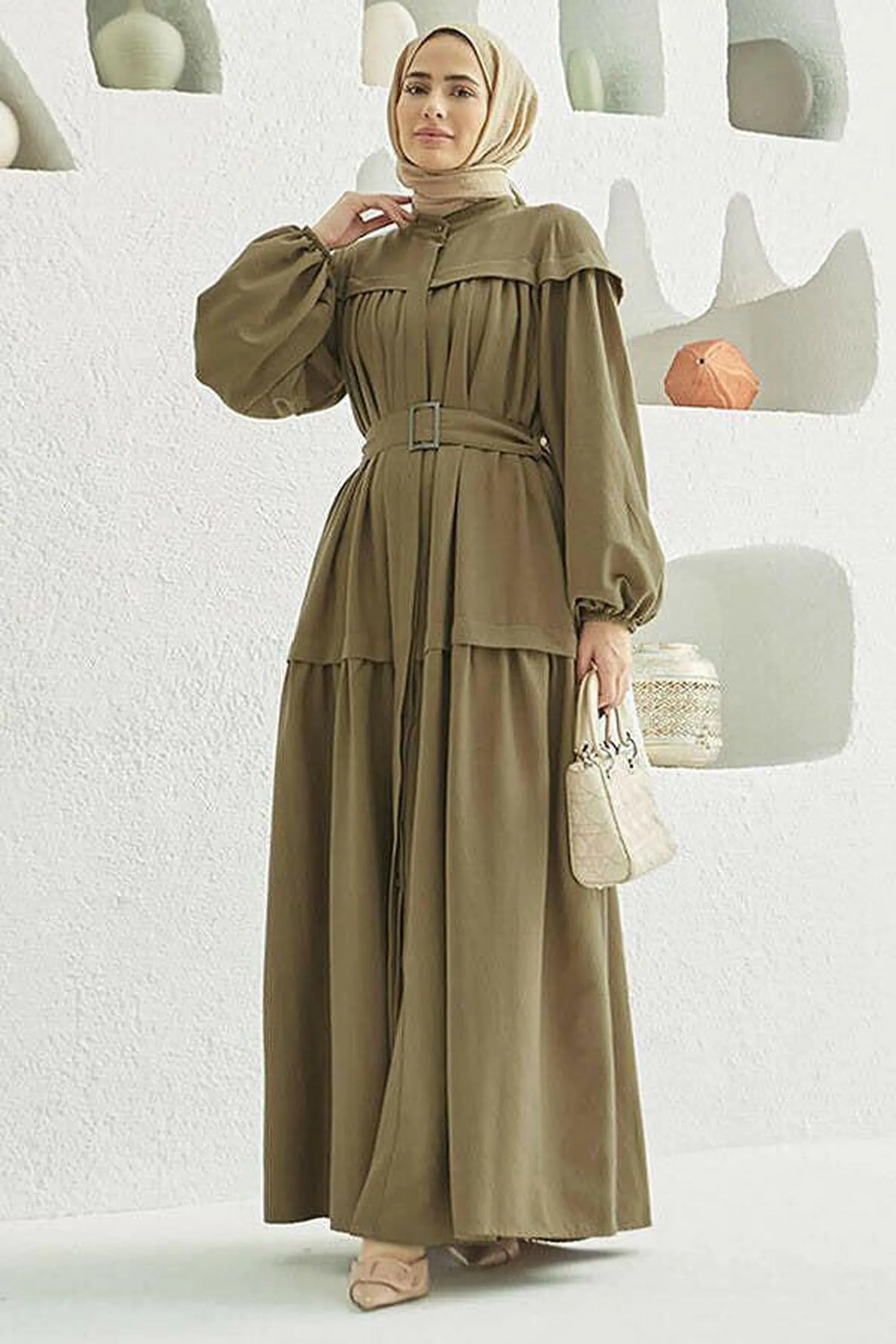 Carla Pleated Belted Modest Maxi Dress