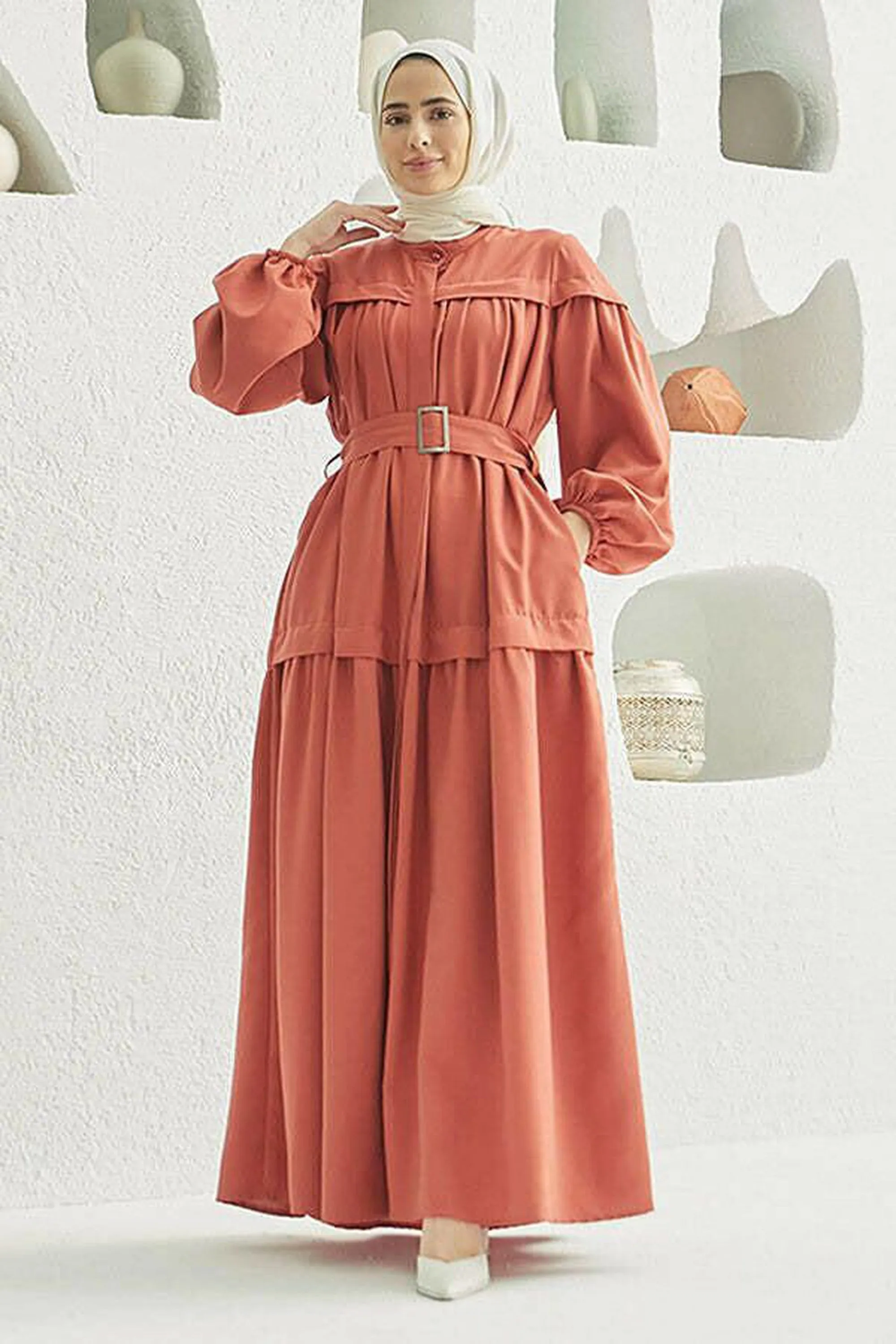 Carla Pleated Belted Modest Maxi Dress