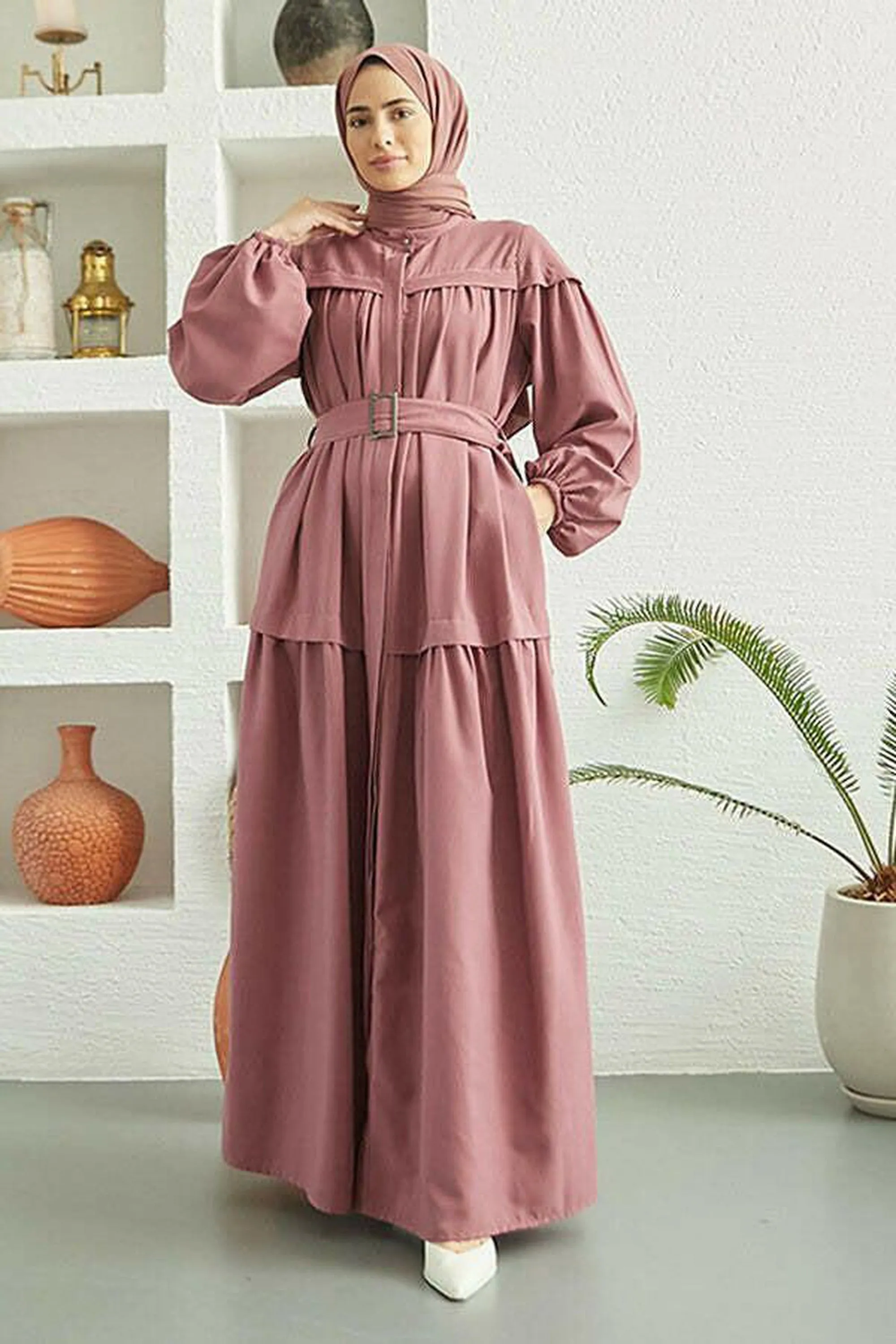 Carla Pleated Belted Modest Maxi Dress