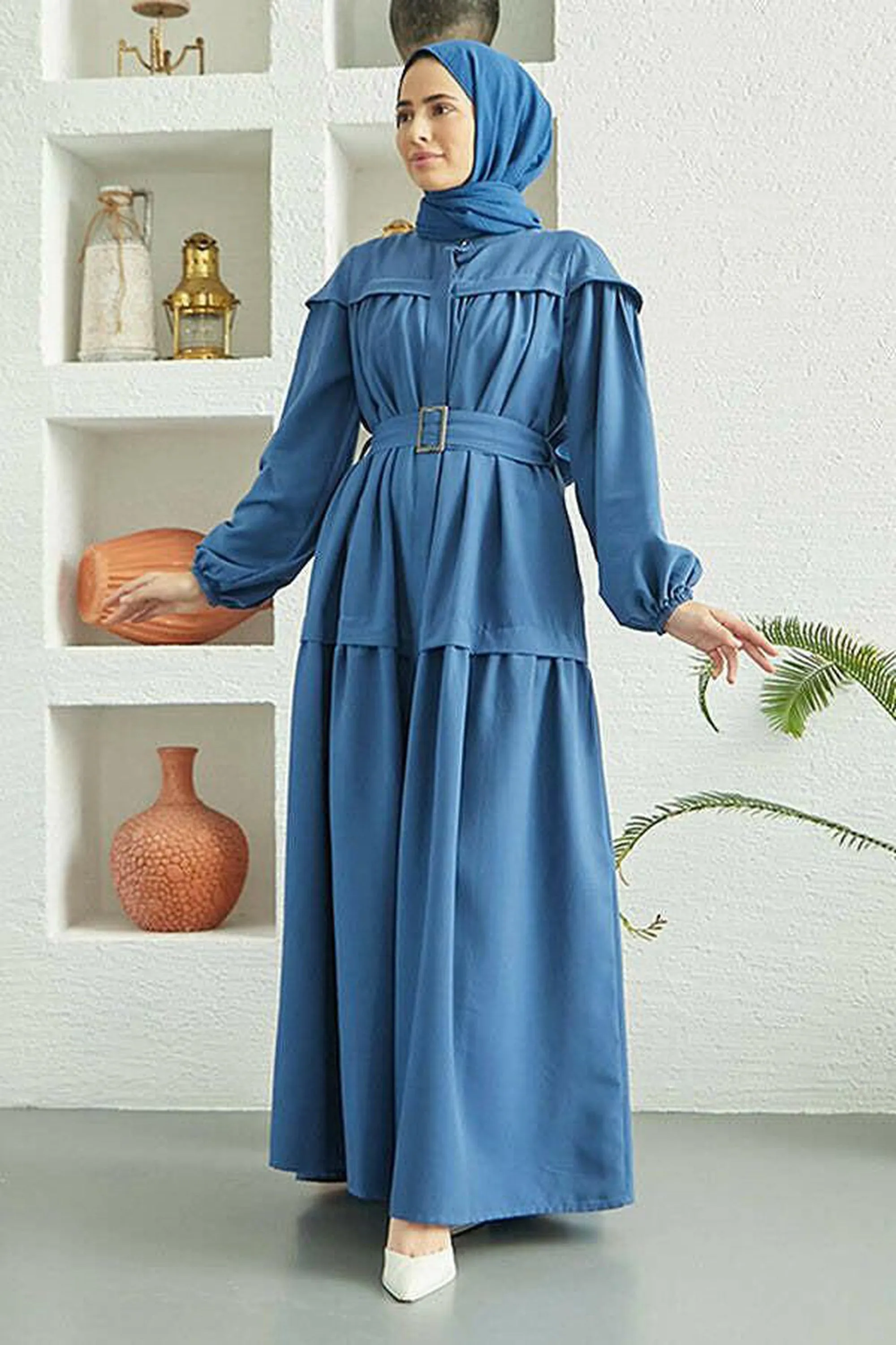 Carla Pleated Belted Modest Maxi Dress