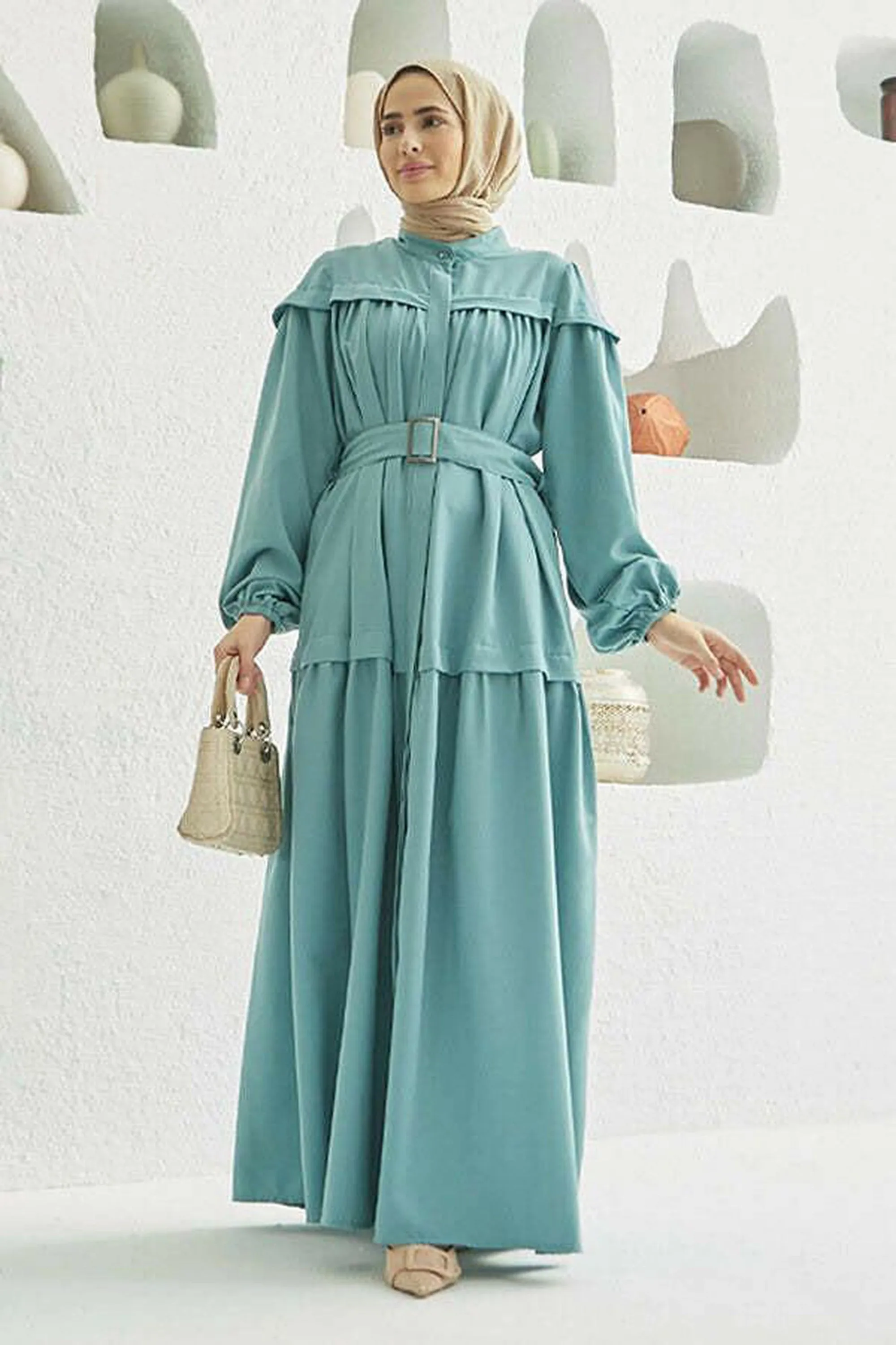 Carla Pleated Belted Modest Maxi Dress