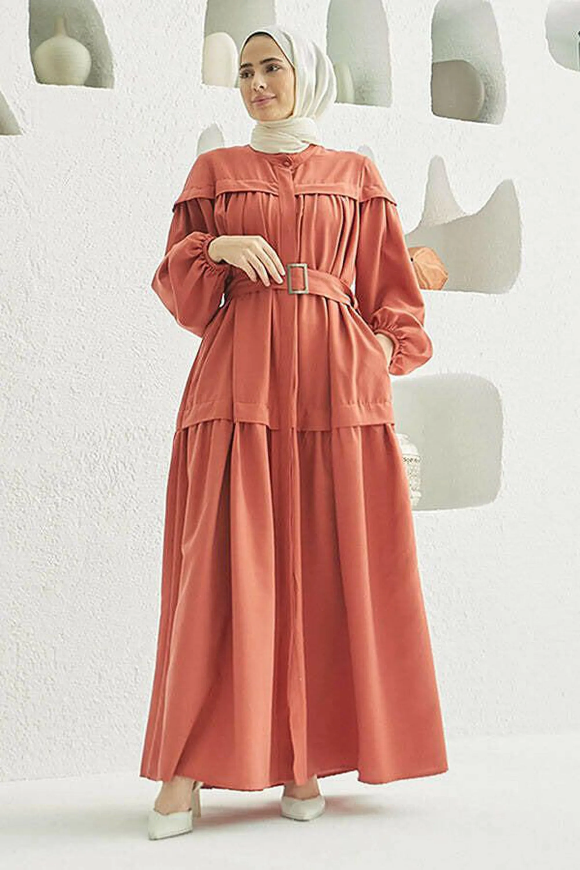 Carla Pleated Belted Modest Maxi Dress