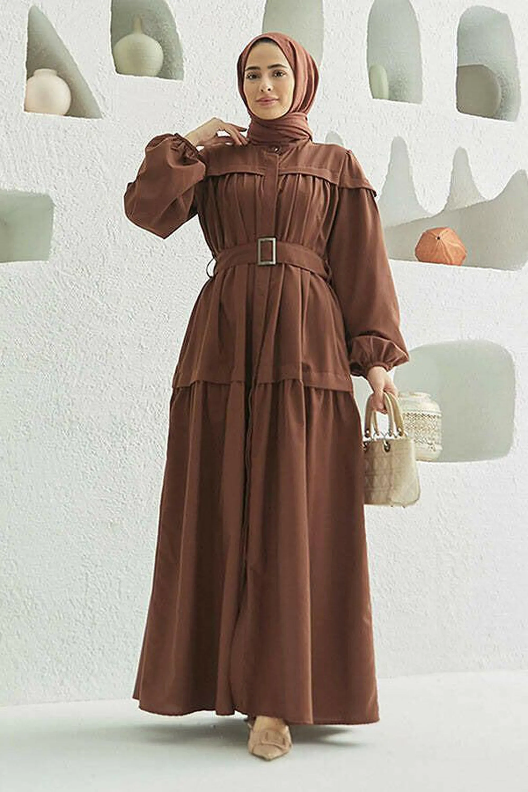 Carla Pleated Belted Modest Maxi Dress