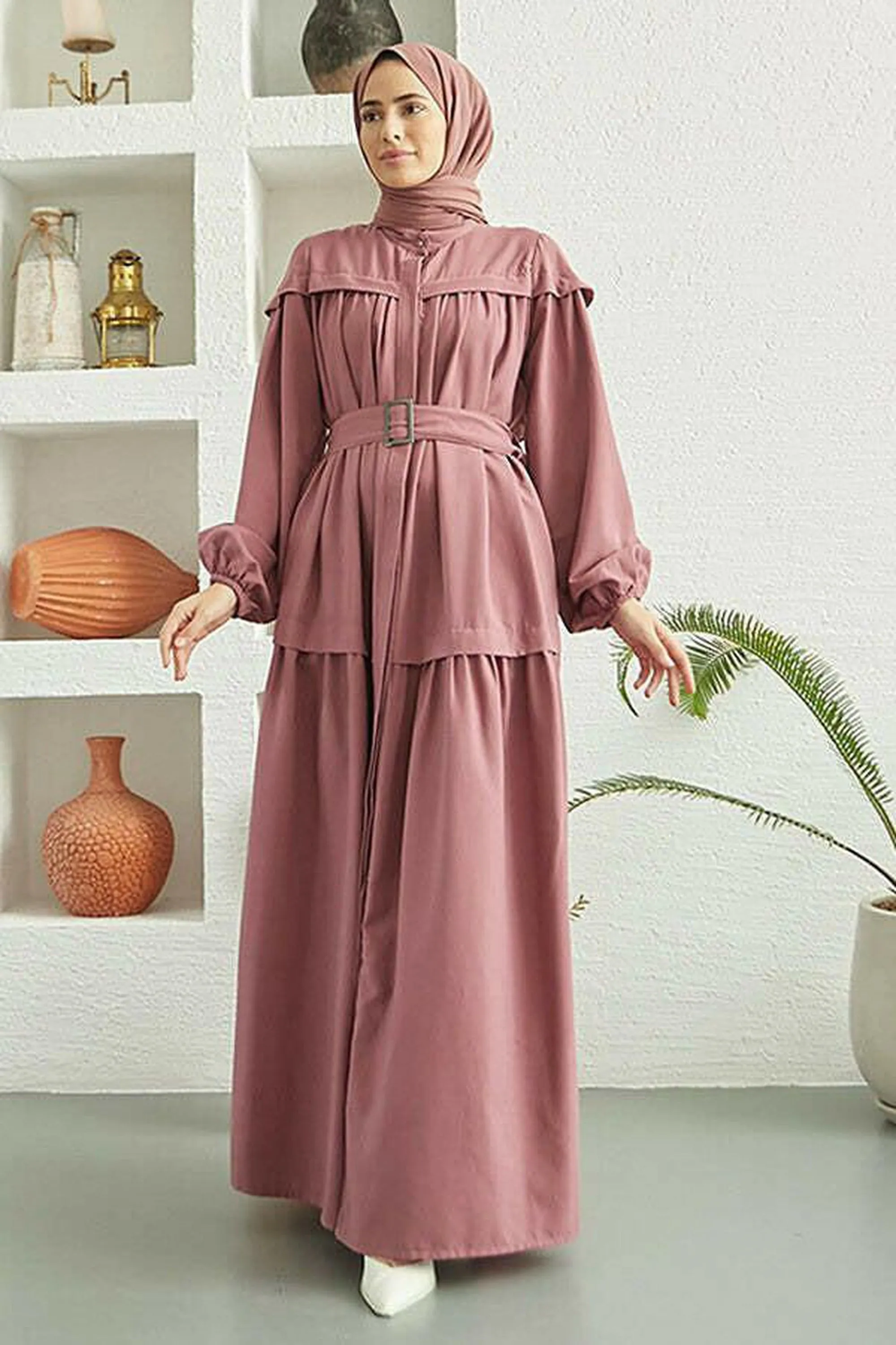 Carla Pleated Belted Modest Maxi Dress